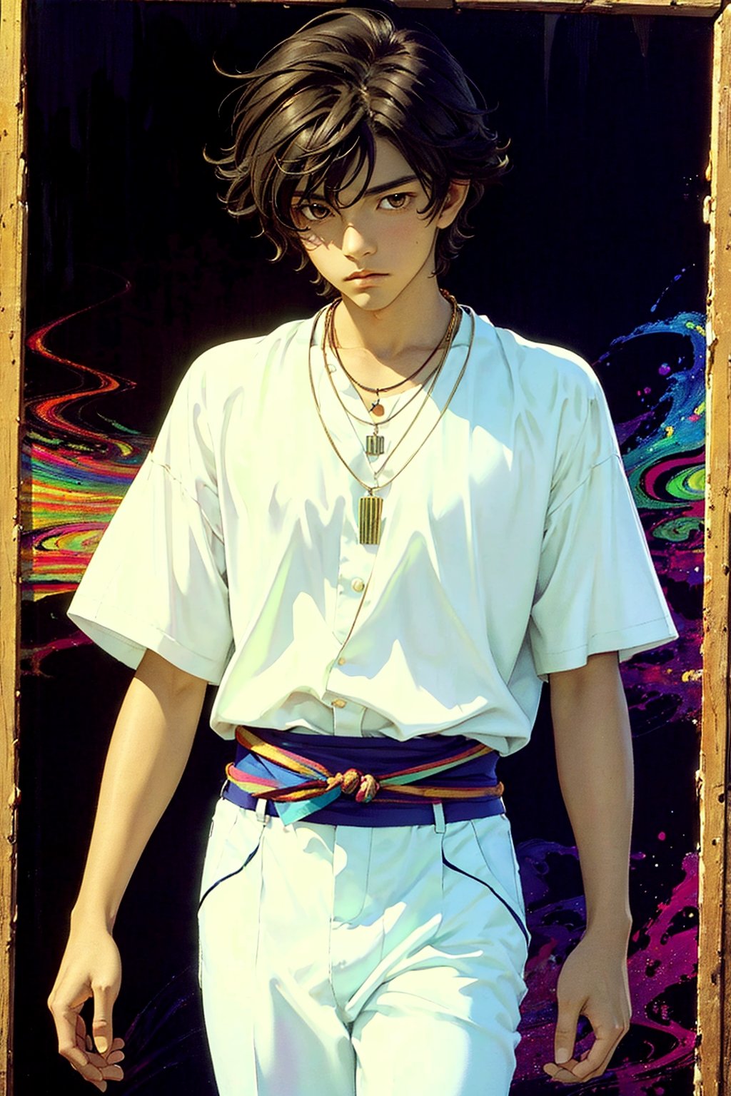 1boy, solo, Setsuna, oil painting, impasto, looking at viewer, a handsome young man, 18 years old, dar_brown hair, brown eyes, athletic figure, tribal necklace, urban psychedelic outfit, psychedelic  background, masterpiece, nijistyle, niji, ,sciamano240, soft shading, seiei