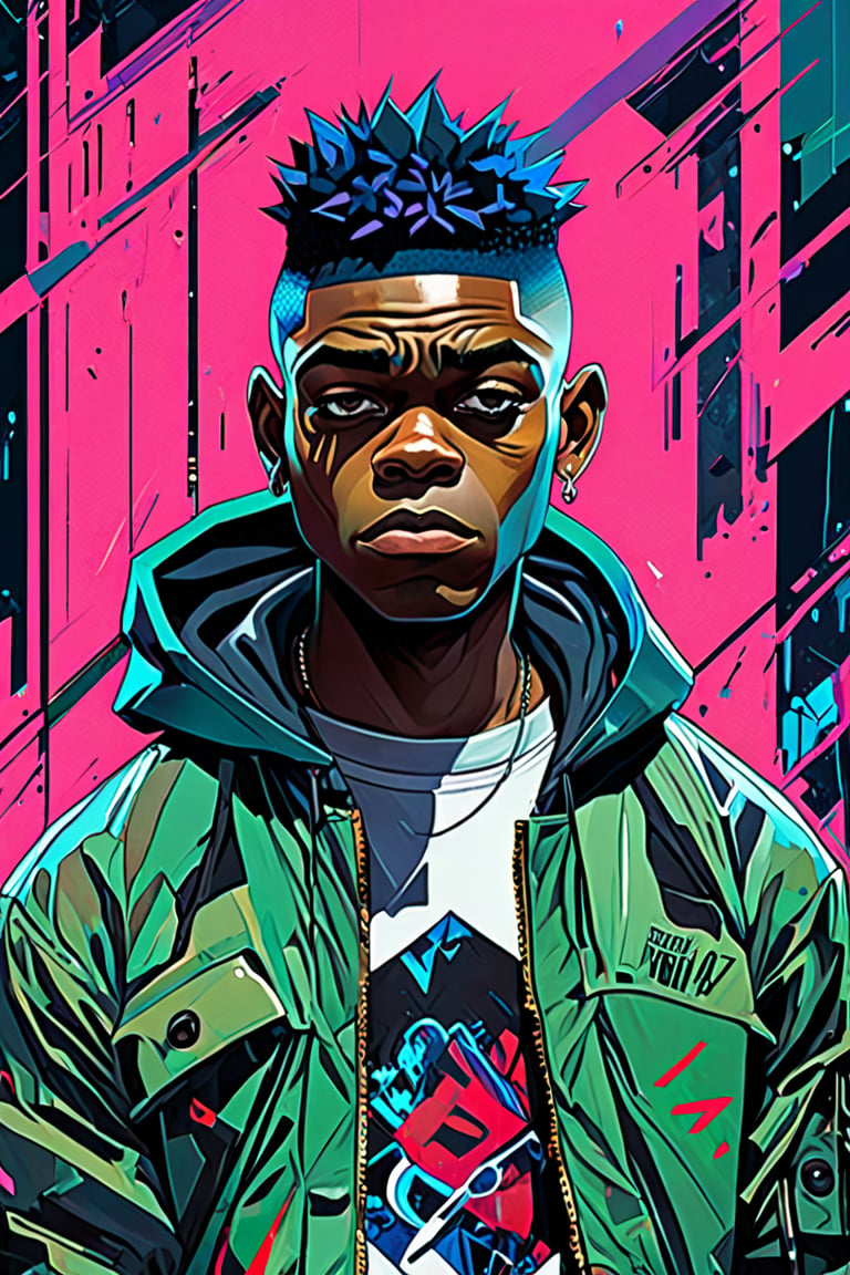 Russel Hobbs from Gorillaz, 23 years old,  bald, black man, muscular build, hip hop, rap, sci fi, highly technology, iconographic, glitch background, interactive image, highly detailed, art style by Clayton Crain + Ross Tran + Rachel Walpole + Jeszika Le Vye + Dan Volbert + Simon Stalenhag + Brian Stelfreeze