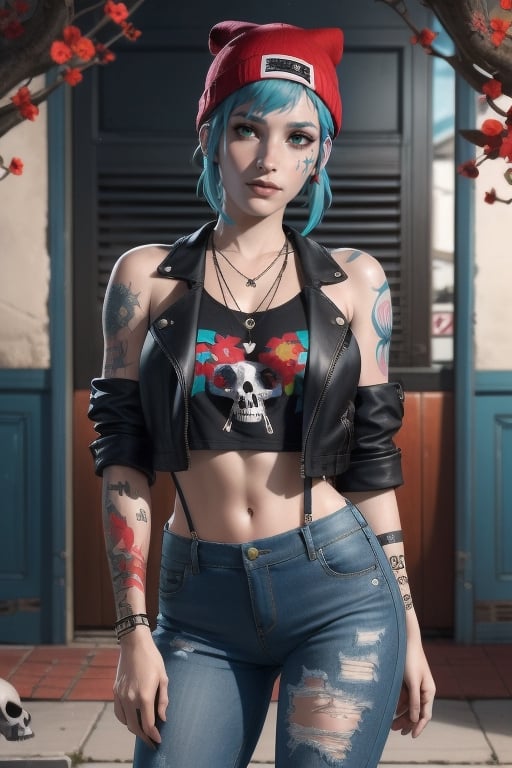 Chloe Price is tall and has a punk aesthetic. Her short hair was bright blue with teal highlights. She wears ripped pale blue-gray jeans with suspenders, black boots, and a white tank top with a skull, heart, or snake on it. She wears light blue nail polish on her fingers and toes. She has always been seen wearing a necklace that has three bullets hanging on it as pendants. She wears a dark brown leather jacket and a dark blue beanie. She has a sleeve tattoo on her right arm, an intricate design featuring red flowers with stems and green leaves with thorns, blue butterflies, a red ribbon, and a yellow skull. sciamano240, fantasy, chloeprice,chloeprice