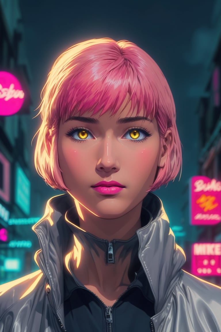 Mikura Suzuki a beautiful woman, 18 years old, short light_pink hair, bob haircut, yellow eyes, silver  jacket, yellow sweater, action scene, in the background a night city with neon lights, interactive elements, very detailed, ((Detailed face)), silver jacket, Color Booster, mikuraova