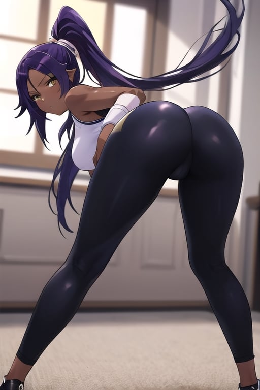 masterpiece, best quality, ass, ass in focus, pose, bent over,Shihouin Yoruichi, dynamic pose, dark skin, leggings,High detailed, legs together