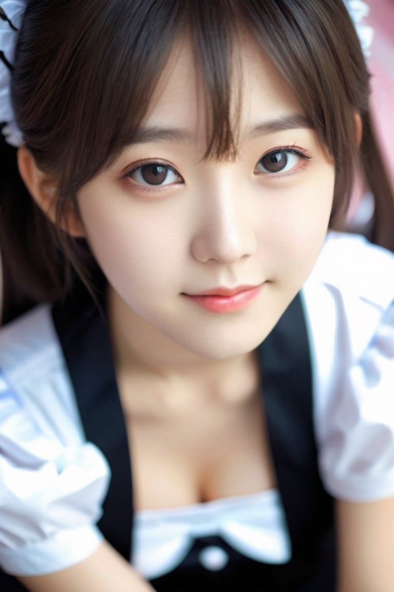 {{Beautiful and detailed eyes}, Detailed face, detailed eyes, slender face, real hands, cute Korean girlfriend 17 year old girl, perfect model body, looking at camera, sad smile, dynamic pose, white and black maid outfit, Akiba Maid Cafe , Akihabara, medium breasts, cosmetics advertising model, girlfriend girl is walking,
