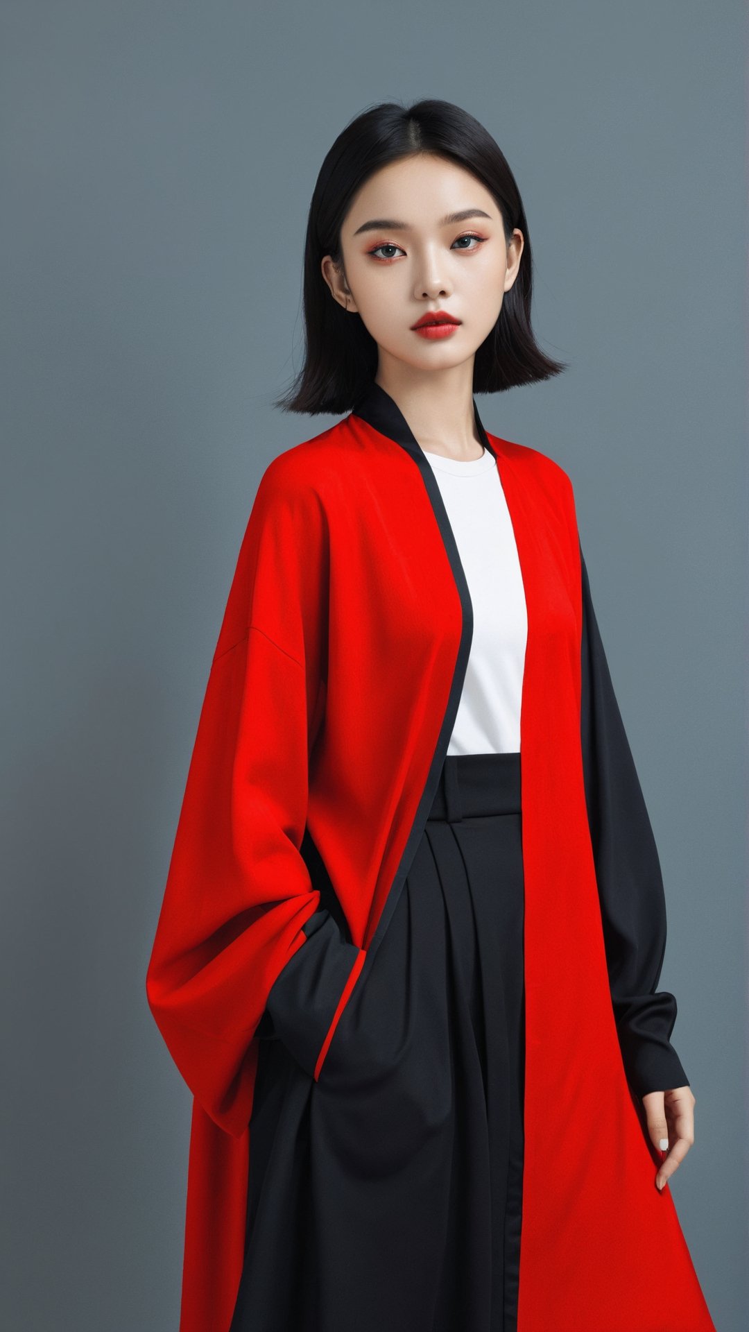 contrast,The girl is black and red,1girl,color patches,(Masterpiece, high quality, best quality, official art, beauty and aesthetics:1.2),color block background,concept clothing,garment draping,
,more detail XL