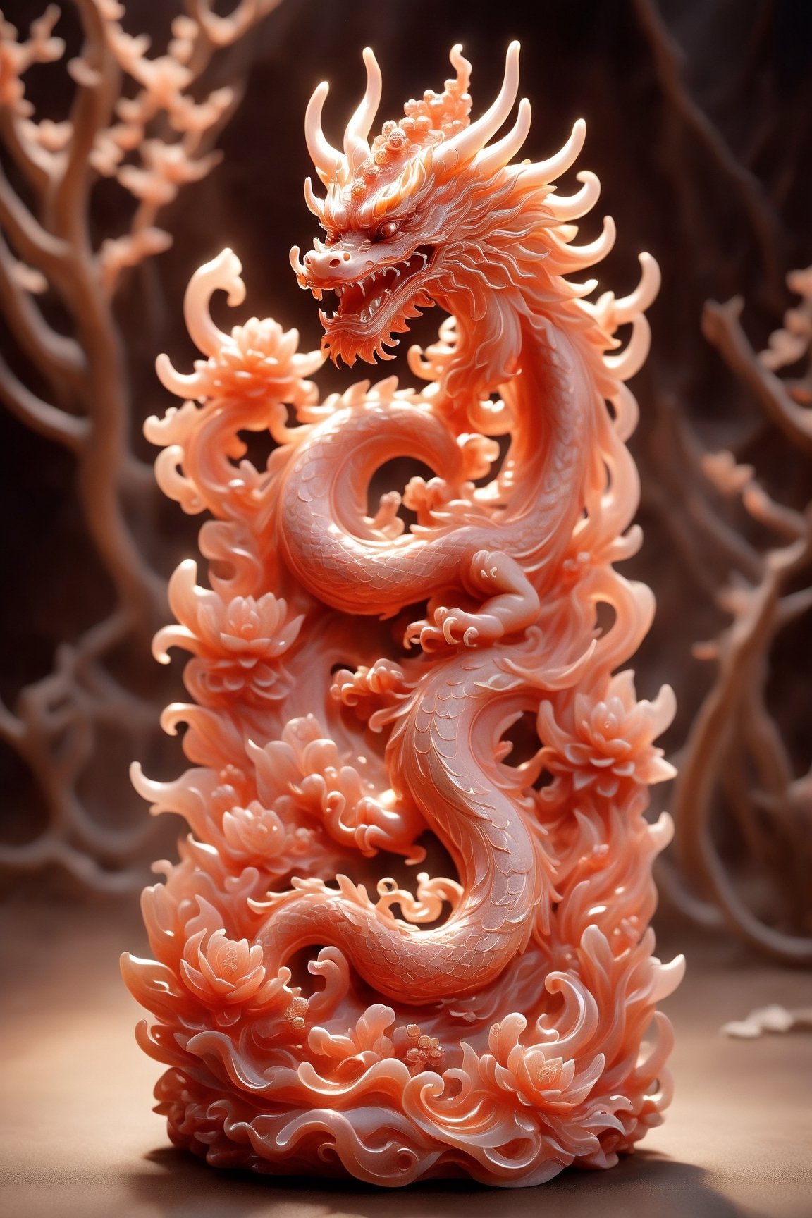 wood masterpiece depicting a Chinese dragon in hell, red color