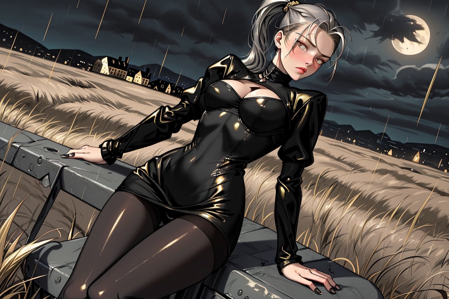 1girl, solo, (mature), ((lady)),
laying on back, exposed legs, exposed panties,
storm, windy, wind,
(french braids to the back), short ponytail, ((high ponytail)),
(blunt bangs), long hair, silver hair, 
(golden eyes), pale skin, blushin, shy,

open-chest dress, plain dress, short dress, black dress, long sleeves, black pantyhose, knee boots, exposed cleavage, neck covered, shoulders covered,

(mature), European, Caucasian,
medium breasts, skinny, petite, curvy, toned,

outside, dark grass, rain, night
