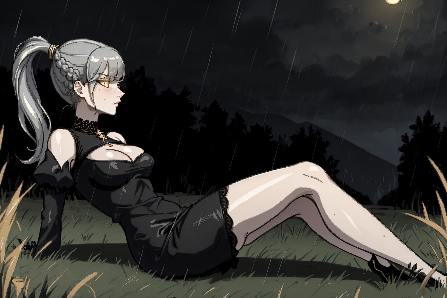 1girl, solo, (mature), ((lady)),
laying on back, exposed legs, exposed panties,
(french braids to the back), short ponytail, ((high ponytail)),
(blunt bangs), long hair, silver hair, 
(golden eyes), pale skin, blushin, shy,

open-chest dress, plain dress, short dress, black dress, long sleeves, black pantyhose, knee boots, exposed cleavage, neck covered, shoulders covered,

(mature), European, Caucasian,
medium breasts, skinny, petite, curvy, toned,

outside, dark grass, rain, night
