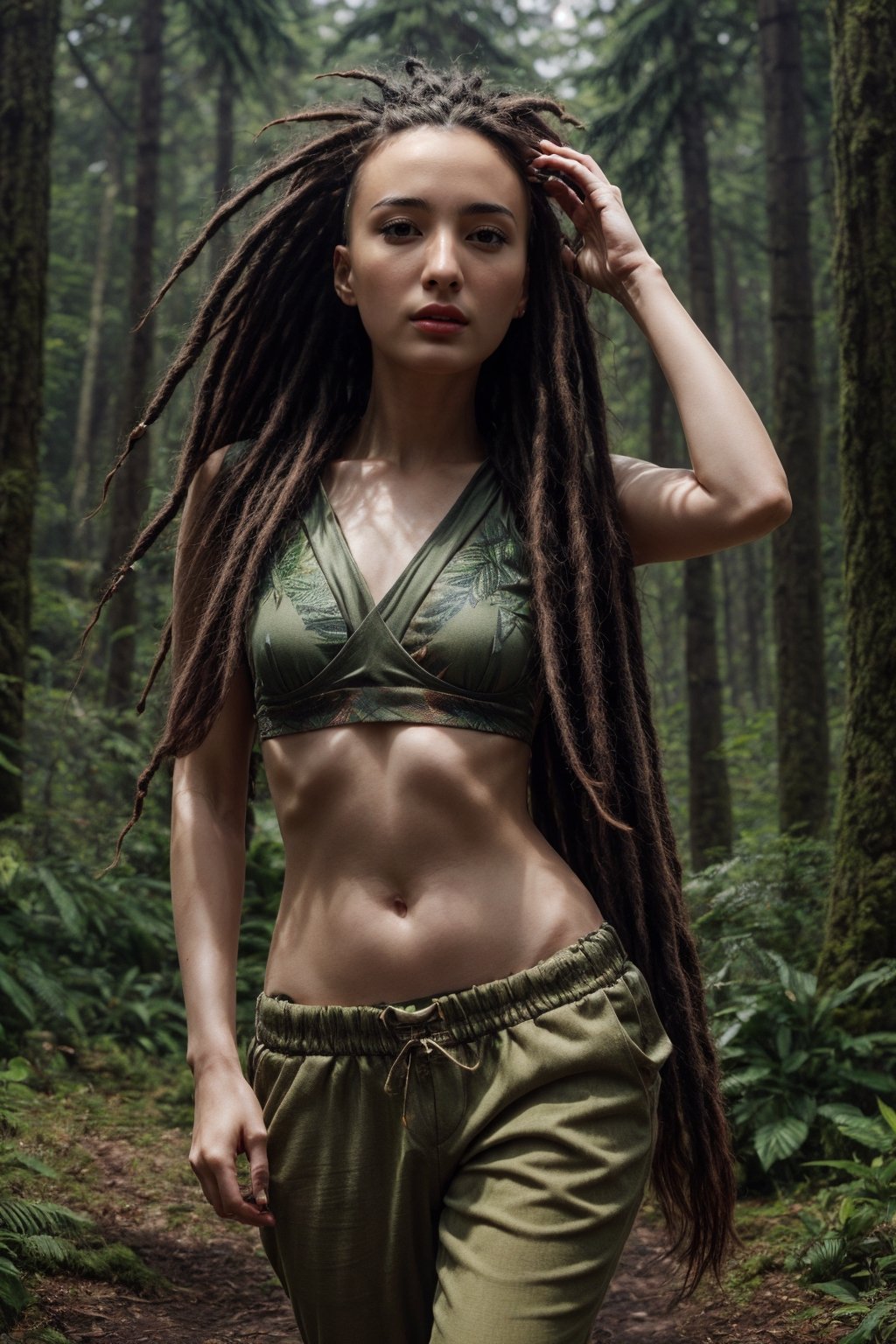 A girl, dreadlocks hairstyles, walking on forest, she covered her body with pants like bikini and bra, Avatar alien planet, photo r3al, masterpiece, best quality, ultra realistic, 8k, ultra detailed, solo female, young adult, dreadlocks, dancehall, (((closeup))), front view, smirking,, detailed face, detailed eyes, natural face, natural beauty, green leaf dress, with nature themed luminescent details, pale skin,Dreadlocks hairstyles,photorealistic