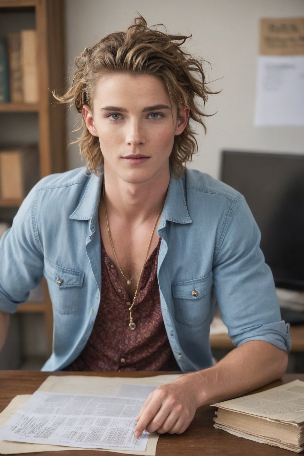  ((European male)), young, ((25 years old)), ((high school boy)), handsome, ((wave hair)), blue eyes, ((jawline)), ((freckle whole body)), ((showing upper body)), open upper chest, bohemian clothes style, bohemian jewelry, full body. in the office working on documents, not looking towrods cemara, manly face