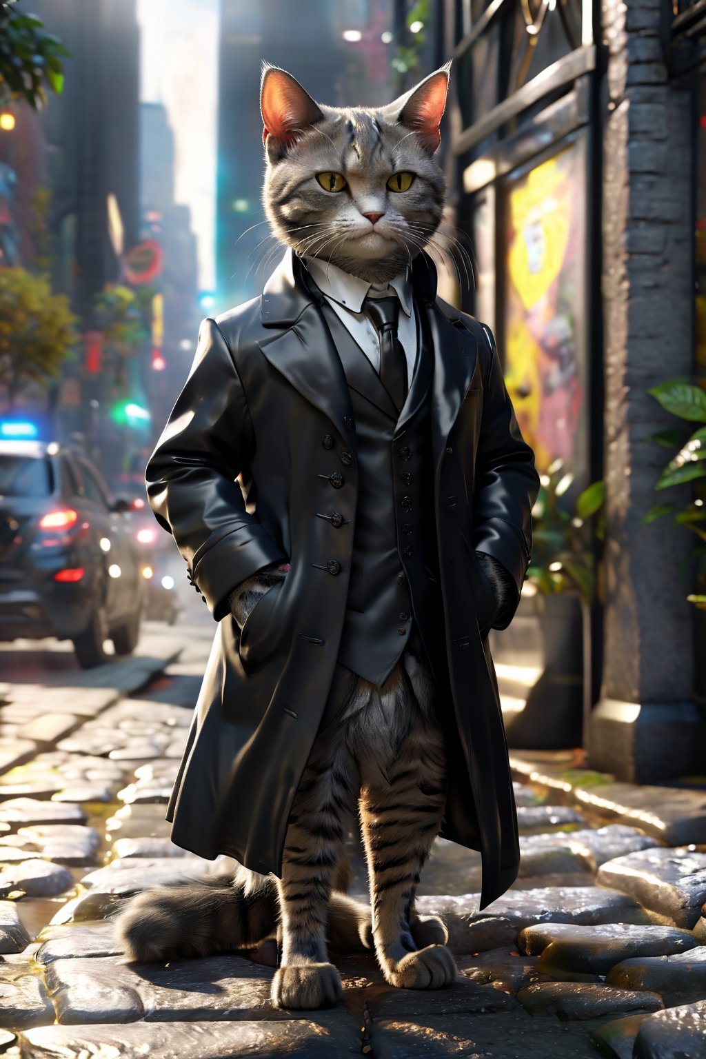 a litle cat wearing a black formal overcoat, hyperrealistic, concept art, octane render, unreal engine 5, trending on DeviantArt, highly detailed, high quality, 8K, soft lighting, cute, natural lighting, realistic face, trending on Artstation, elegant clothes, profile picture, path traced, street background,more detail XL,NeonLG