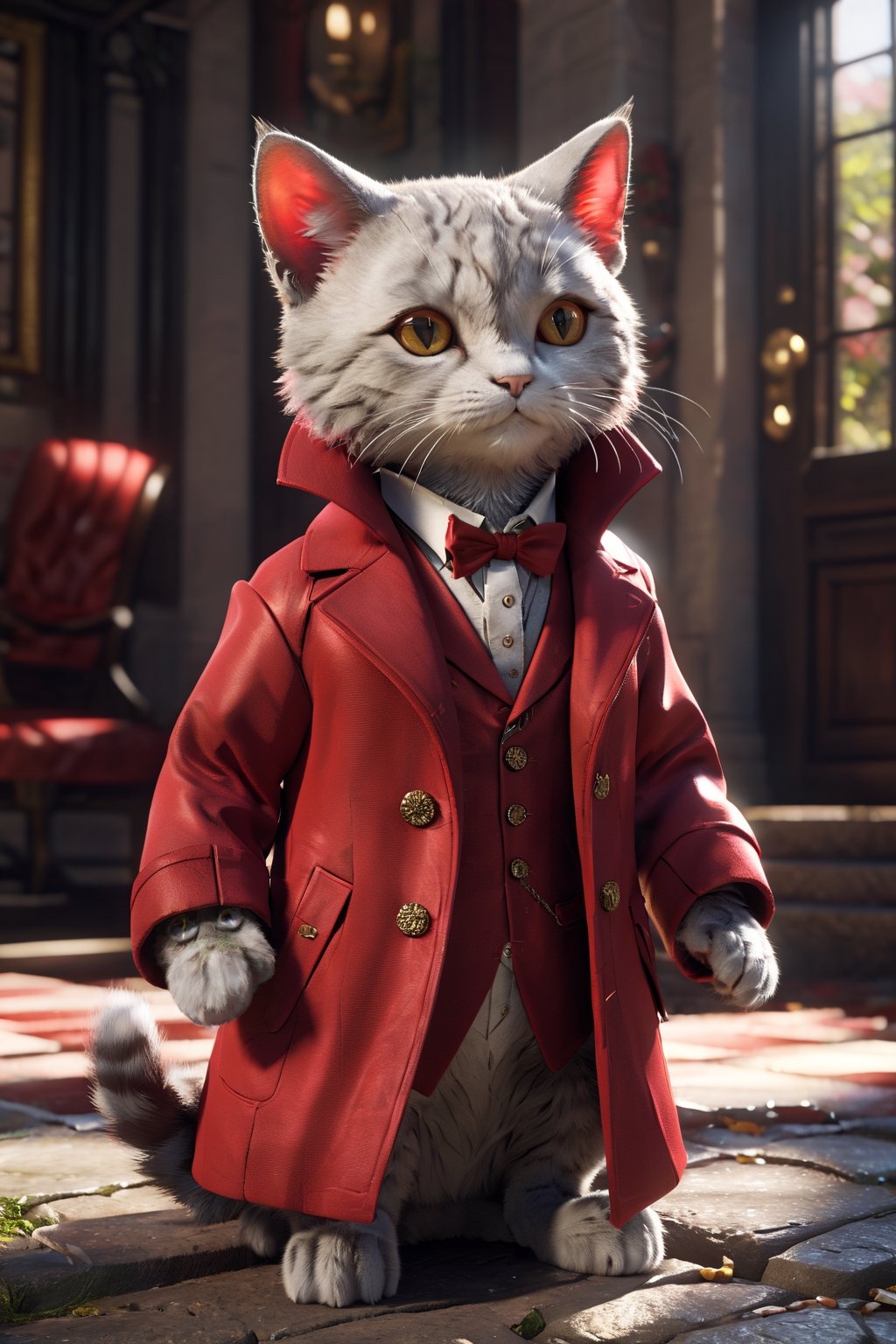 a litle cat wearing a red formal overcoat, hyperrealistic, concept art, octane render, unreal engine 5, trending on DeviantArt, highly detailed, high quality, 8K, soft lighting, cute, natural lighting, realistic face, trending on Artstation, elegant clothes, profile picture, path traced, house background,more detail XL