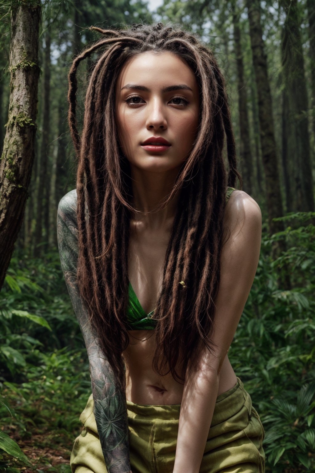 A girl, dreadlocks hairstyles, walking on forest, she covered her body with pants like bikini and bra, Avatar alien planet, photo r3al, masterpiece, best quality, ultra realistic, 8k, ultra detailed, solo female, young adult, dreadlocks, dancehall, (((closeup))), front view, smirking,, detailed face, detailed eyes, natural face, natural beauty, green leaf dress, with nature themed luminescent details, pale skin,Dreadlocks hairstyles,photorealistic