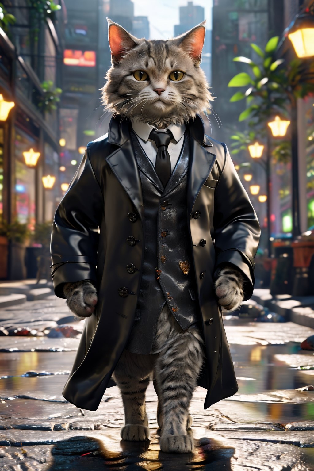 a litle cat wearing a black formal overcoat, hyperrealistic, concept art, octane render, unreal engine 5, trending on DeviantArt, highly detailed, high quality, 8K, soft lighting, cute, natural lighting, realistic face, trending on Artstation, elegant clothes, profile picture, path traced, street background,more detail XL,NeonLG