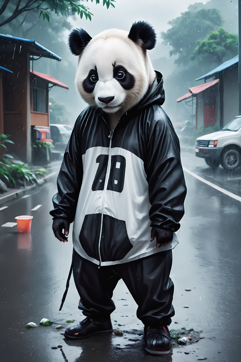 (((white panda, rainy, wet,)))++ panda wet from the rain in the middle of the road with a lot of trash on the ground. The black panda is in tears. The black panda is wearing only one dirty, torn piece of clothing. The black panda met an old white panda wearing glasses. Full 4k quality, 8k quality, ultra quality, ultra resolution, ultra details, cartoon style.

,large-eyed 