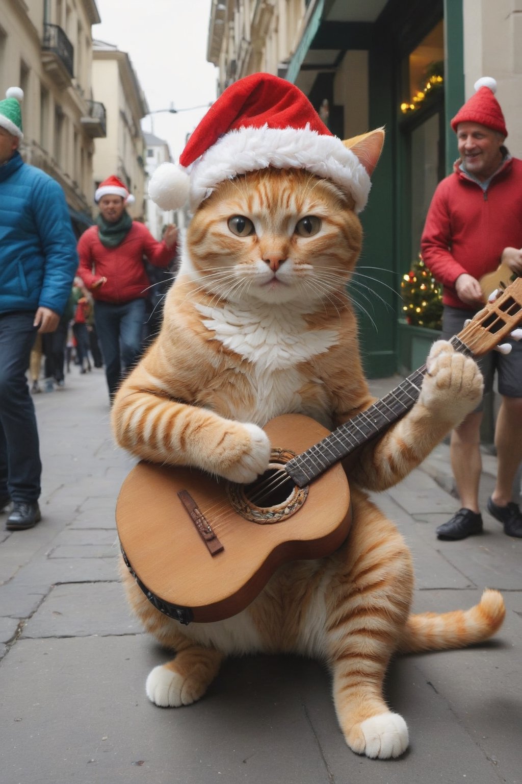 a cool and charismatic cat, donning a festive Christmas hat, BREAK, skillfully strumming a styr guitar while entertaining passersby on a lively street. The cat's playful expression and rhythmic paw movements exude a natural musical talent, captivating the audience with its melodic tunes. The Christmas hat adds a touch of holiday cheer to the scene, as onlookers pause to enjoy the impromptu street performance.