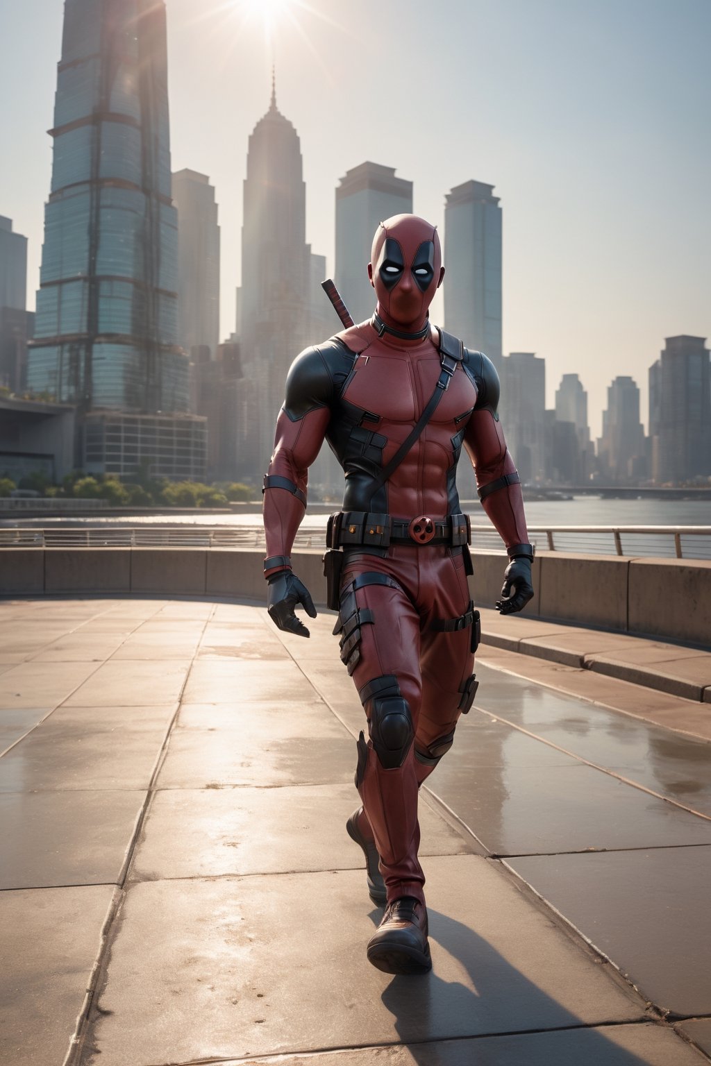 A men among mortals, Deadpool strides across the lawa with casual grace, his rippling muscles glistening in the sunlight. The city skyline towers in the background, a testament to his power and influence. The image is a modern masterpiece, rendered in stunning detail with legendary colors that pop off the screen. The dynamic shot captures the power and majesty of the moment, while the superrealism and cinematography bring it to life.

