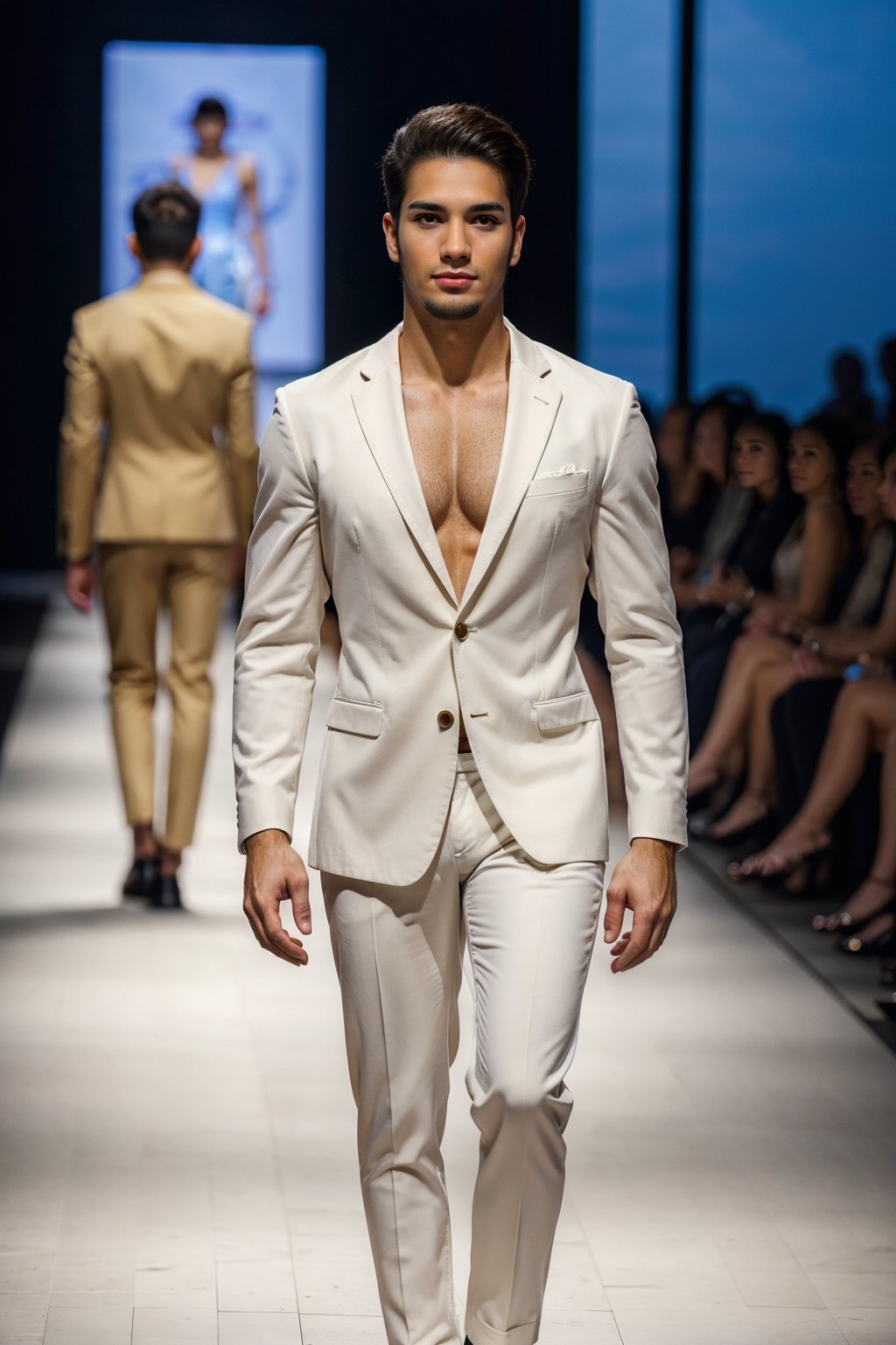 masterpiece, best quality, 8k, 1man, (front Photo), shiny skin, facial hair, walking on fashion show runway beach stage, wearing suit, highly detailed face and skin, realistic, mature, stubble, muscular, handsome, male focus, light particles, rim light, Use light to shine through clothes to reveal muscle contours, full body, skin color shows through the fabric of clothes,