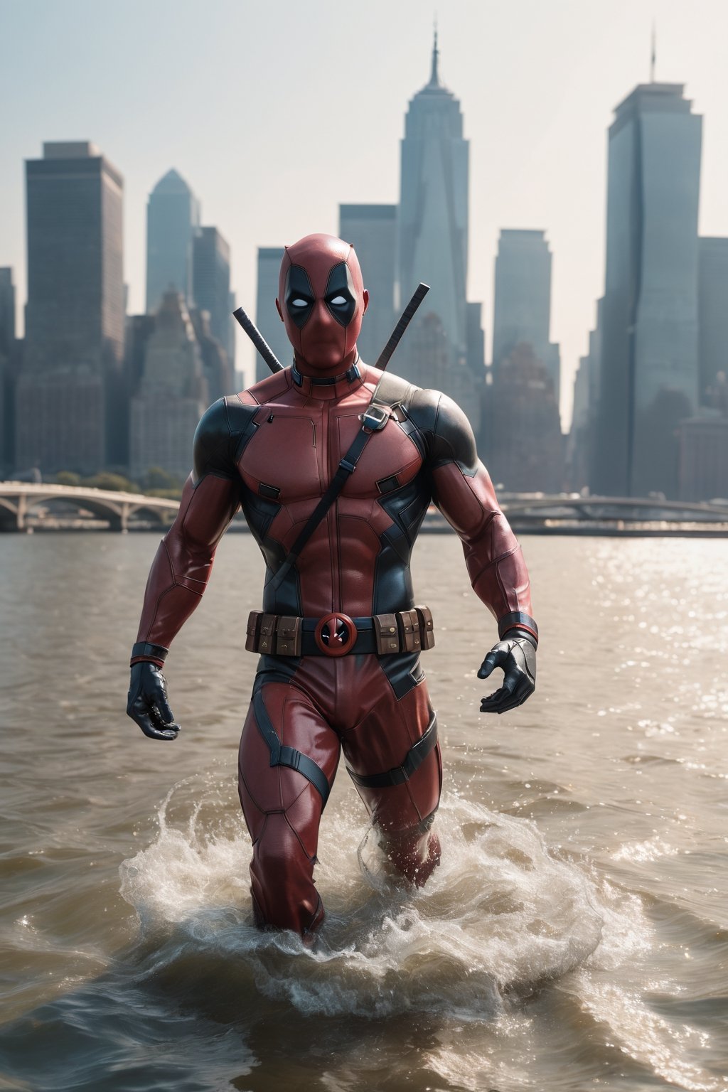 A god among mortals, Deadpool strides across the water with casual grace, his rippling muscles glistening in the sunlight. The city skyline towers in the background, a testament to his power and influence. The image is a modern masterpiece, rendered in stunning detail with legendary colors that pop off the screen. The dynamic shot captures the power and majesty of the moment, while the superrealism and cinematography bring it to life.


