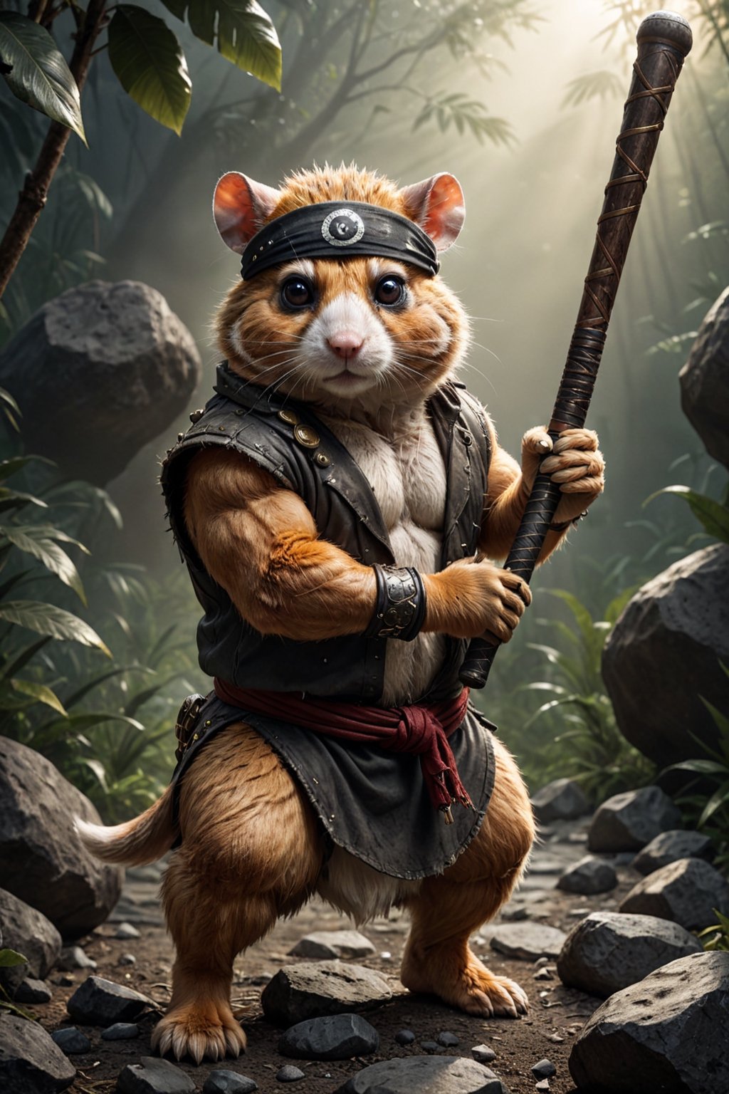 a (muscular:0.5) furry (martial arts master:0.7) battle (hamster:1.2) mafioso (monk:0.5) holding a crude club studded with dark rocks. He has one eye and a bandana (eye patch:1.3). His fur is blackened, but he wields the baseball bat with fierce determination. The morning sunrise highlights him with impeccable (cinematic backlighting) as it burns away the morning mist of the jungle. perfectly drawn hands, cinematic scene, dramatic lighting, hyperdetailed photography, soft light, full body portrait, cover. shot on Blackmagic Pocket Cinema Camera 6K Pro and a Sigma Cine Prime 35mm f/1.4 lens (f/4.0, moderate ISO)