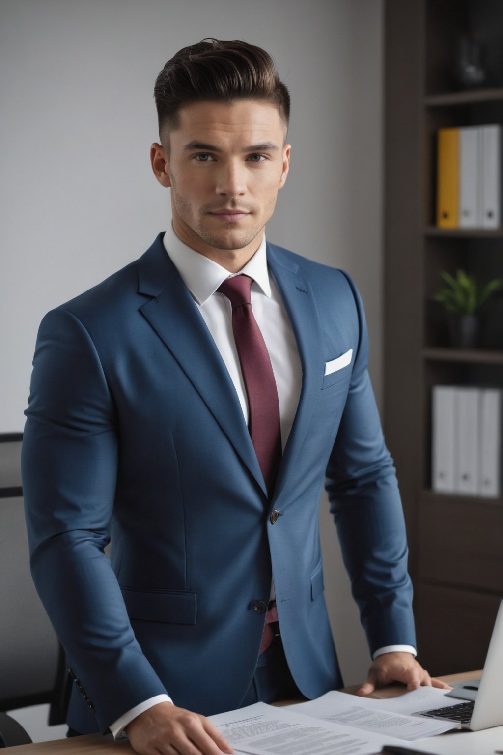 hyper-realistic photo, handsome fit muscles young man in office suit wear, photo on nikon Z7 in the office, wave dark hair, cozy bright room, film grain, f1. 8, office paradise,Extremely Realistic, in different poses, working on documents