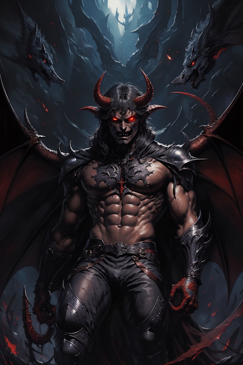 1boy, solo, male focus, red eyes, horns, claws, bat wings, demon tail, 
Irritated Glare,
looking up,