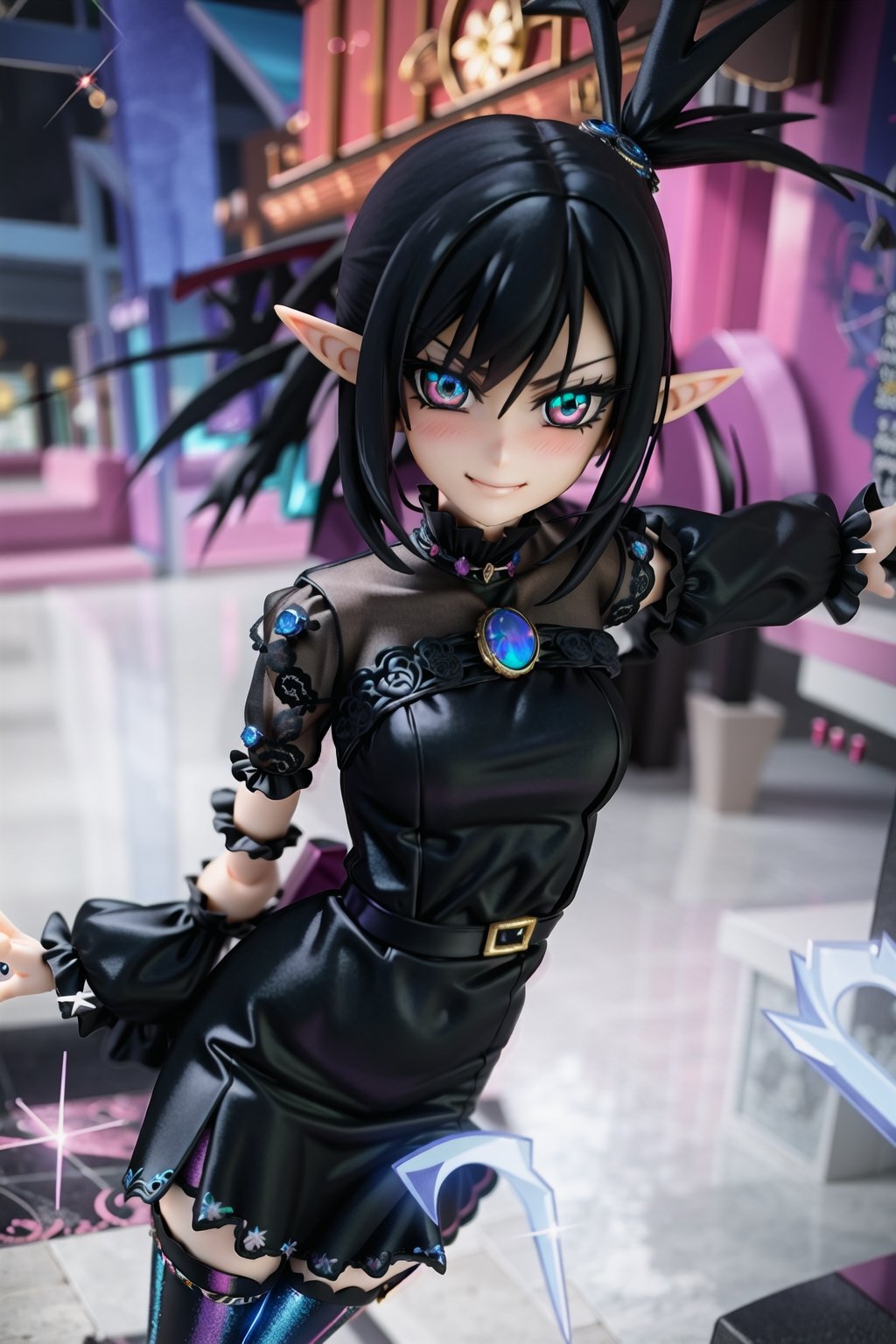 anime-doll age21,doll-joints,half-punk-hair,sly-opal-anime-eyes,smug,blushing,slender-body,elf-punk, holographic-dress,opal,source lighting,radial lighting,intricate, ornate, elegant,sunray-illumination,3D,Goth