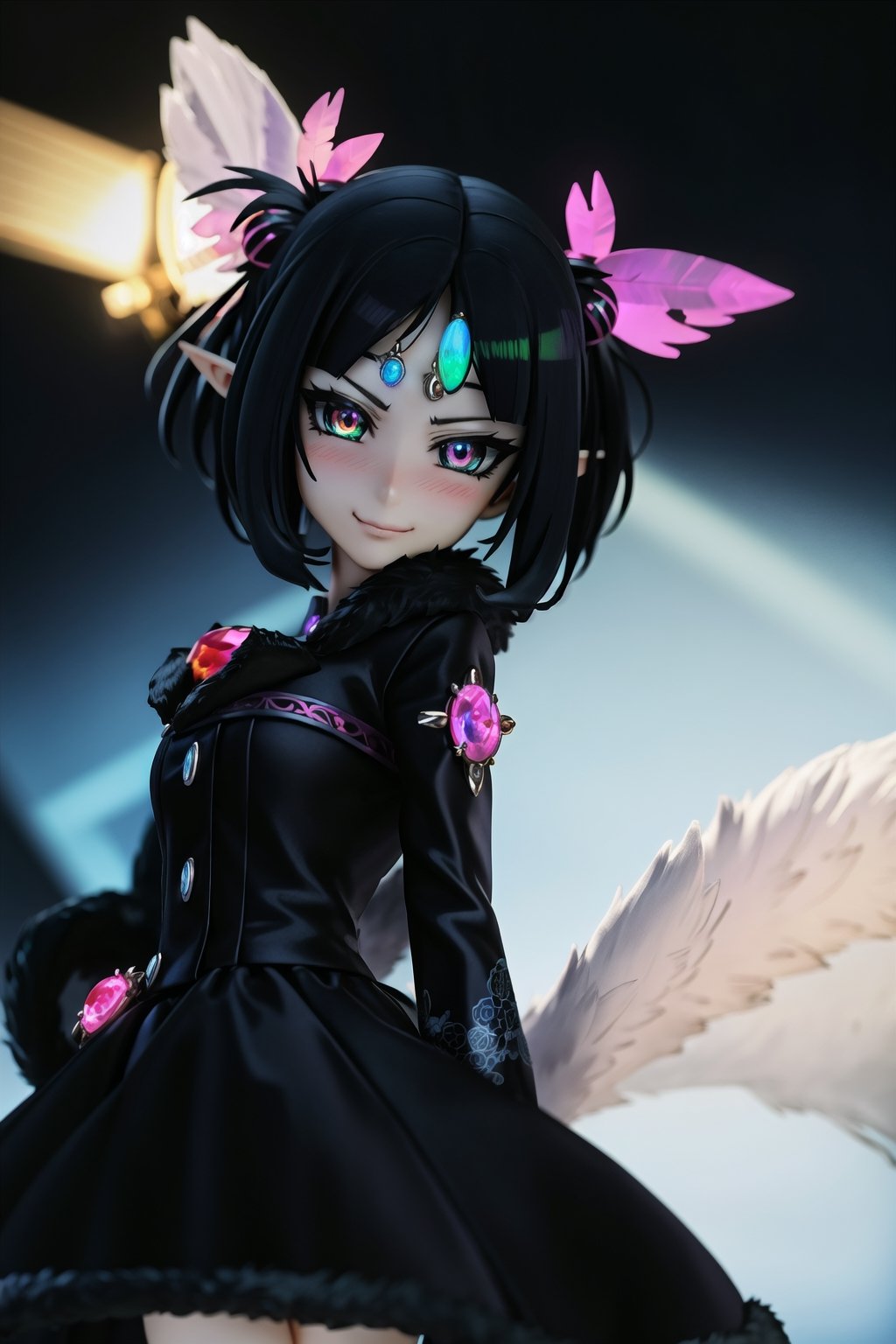 anime-doll age21,doll-joints,half-punk-hair,sly-opal-anime-eyes,smug,blushing,slender-body,elf_punk, fur&feathers,opal,source lighting,radial lighting,intricate, ornate, elegant,sunray-illumination,3D,Goth