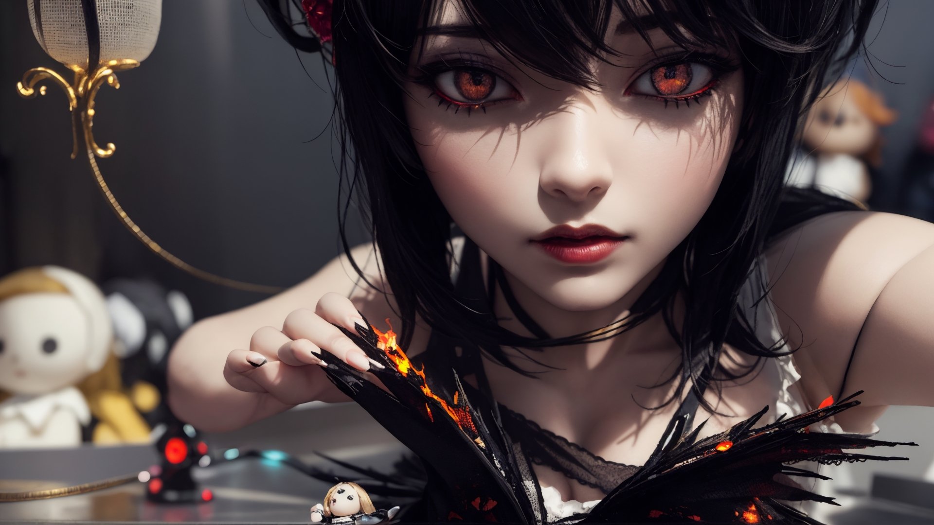 demon_doll,punk-hair,anime fire-opal-eyes,slim-body,curvy hips,1wing black,tattered-torn-punk-clothing,pursed lips,real-doll-style, doll-joints,80's-style glamour-shot,realistic photograph, source lighting, rim lighting, radial lighting,color-boost,intricate, ornate, elegant and refined,glowing-blacklight-illumination,3D,Action Figure,Anime,Doll,Fashion,best quality,masterpiece