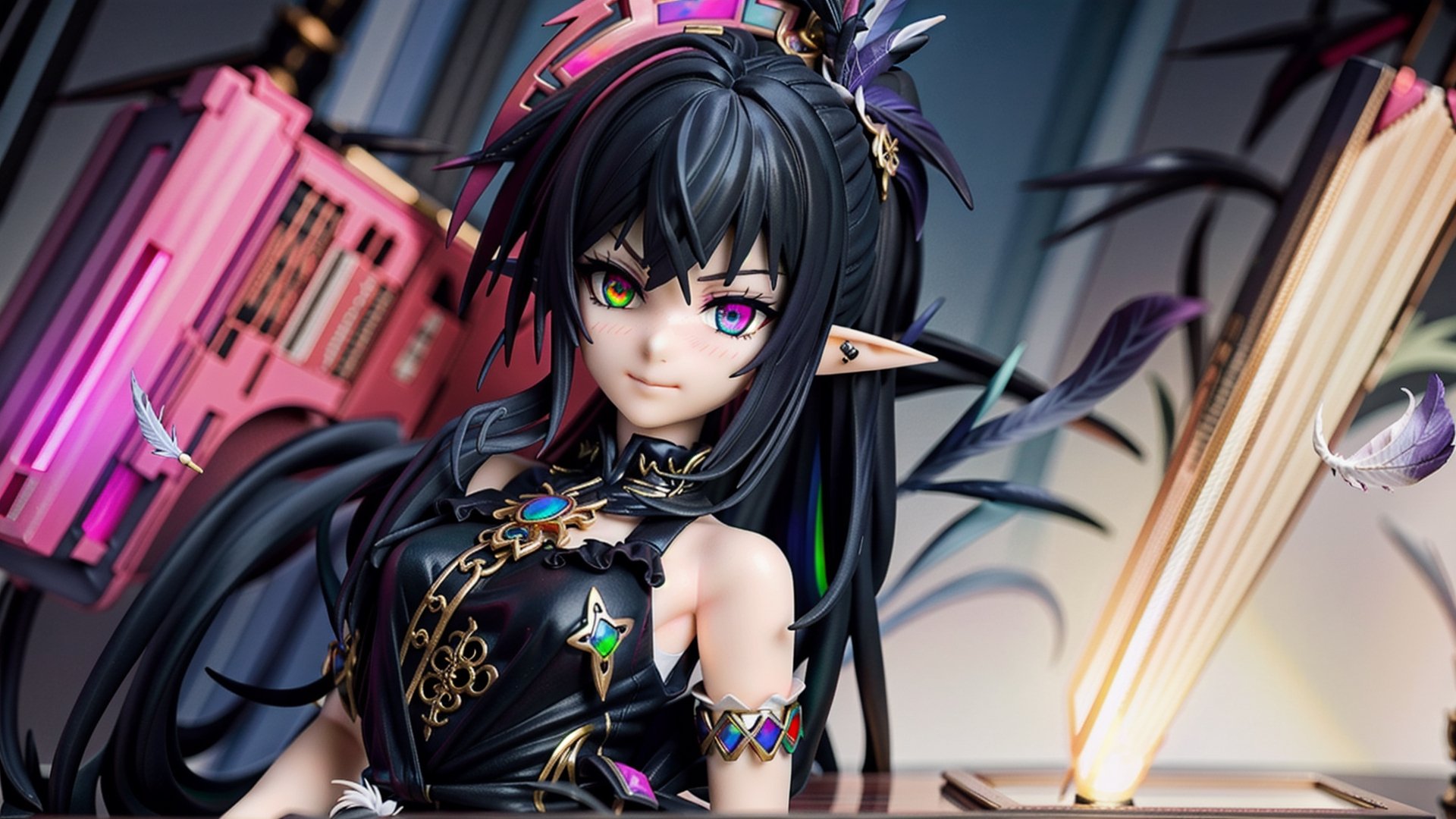 anime-doll age21,doll-joints,half-punk-hair,sly-opal-anime-eyes,smug,blushing,slender-body,elf_punk, fur&feathers,opal,source lighting,radial lighting,intricate, ornate, elegant,sunray-illumination,3D,Goth