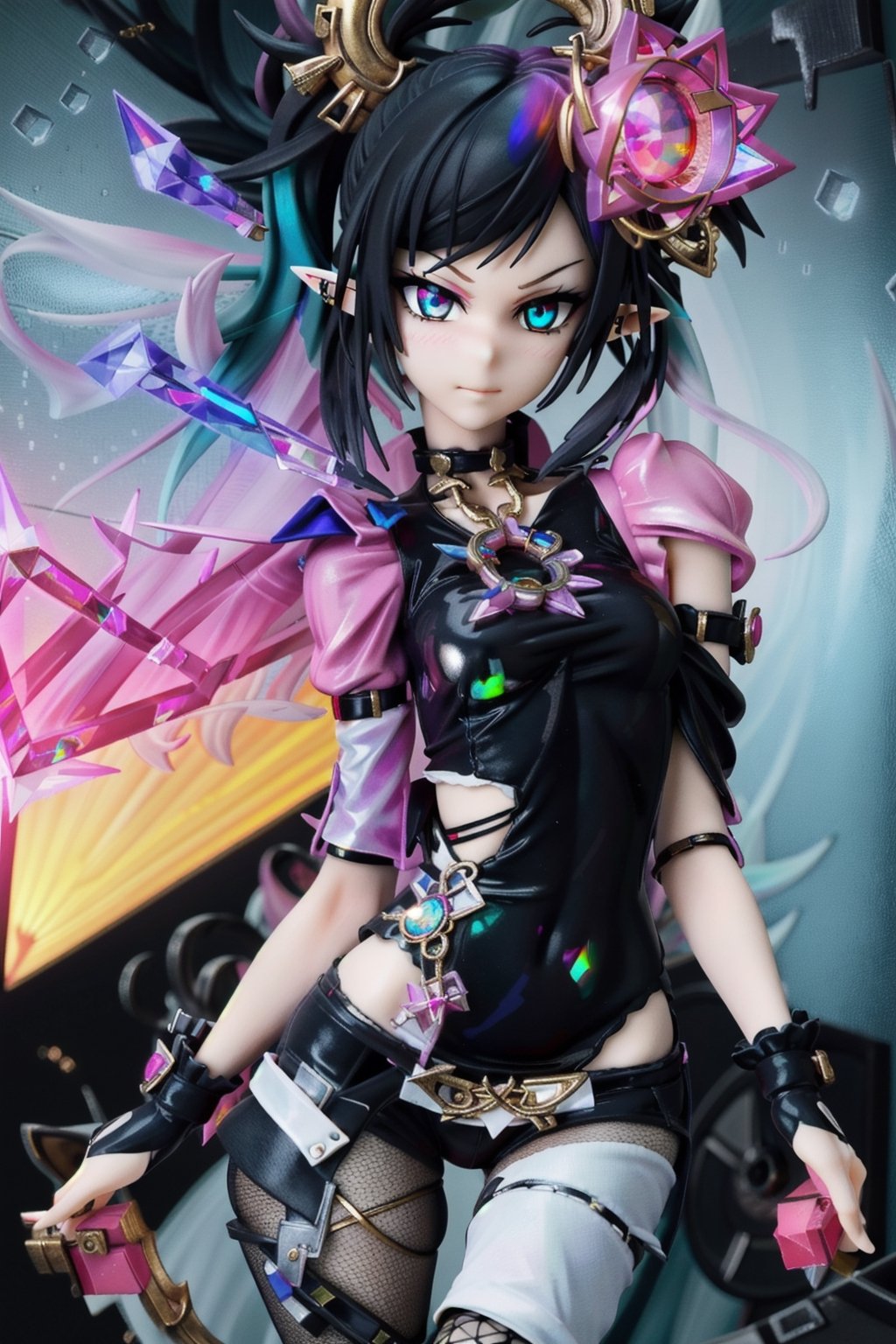 anime-doll age21,doll-joints,half-punk-hair,sly-opal-anime-eyes,smug,blushing,slender-body,elf-punk, holographic-image,gilded opal,source lighting,radial lighting,intricate, ornate, elegant,sunray-illumination,3D,Goth