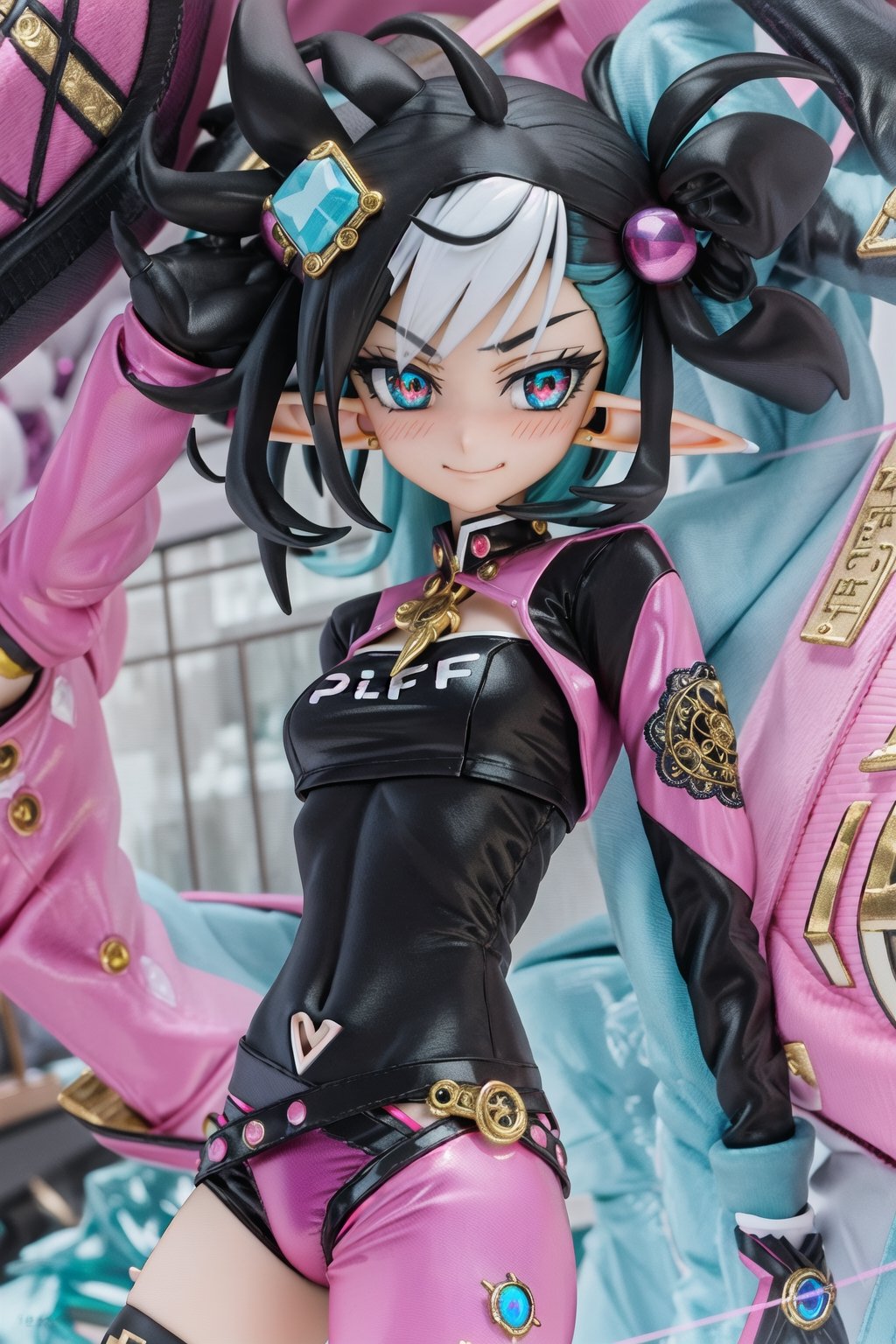 anime-doll age21,doll-joints,half-punk-hair,sly-opal-anime-eyes,smug,blushing,slender-body,elf-punk, crop_top,midrift,spandex-boyshorts,gilded opal,source lighting,radial lighting,intricate, ornate, elegant,sunray-illumination,3D,Goth