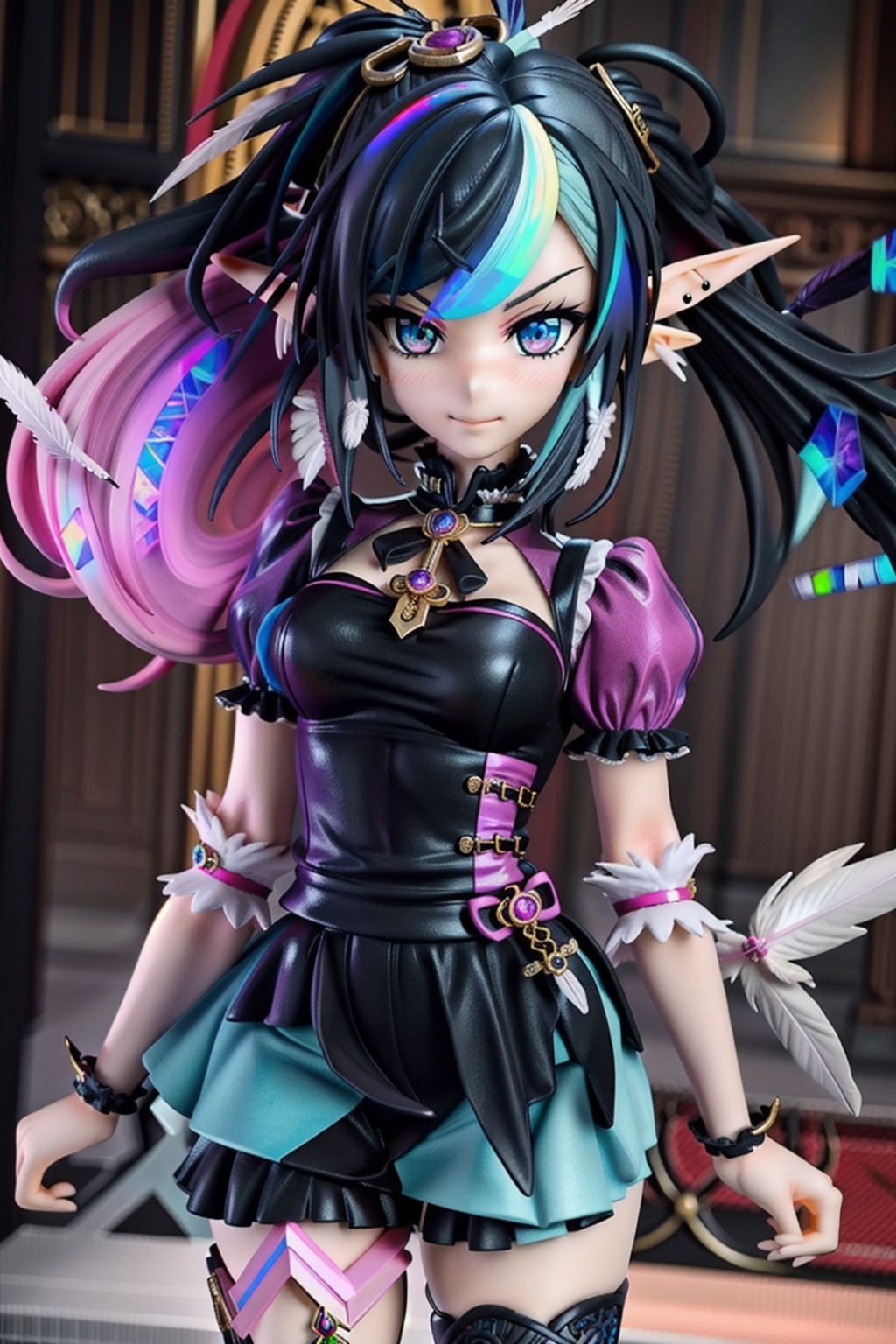 anime-doll age21,doll-joints,half-punk-hair,sly-opal-anime-eyes,smug,blushing,slender-body,elf_punk, fur&feathers,opal,source lighting,radial lighting,intricate, ornate, elegant,sunray-illumination,3D,Goth