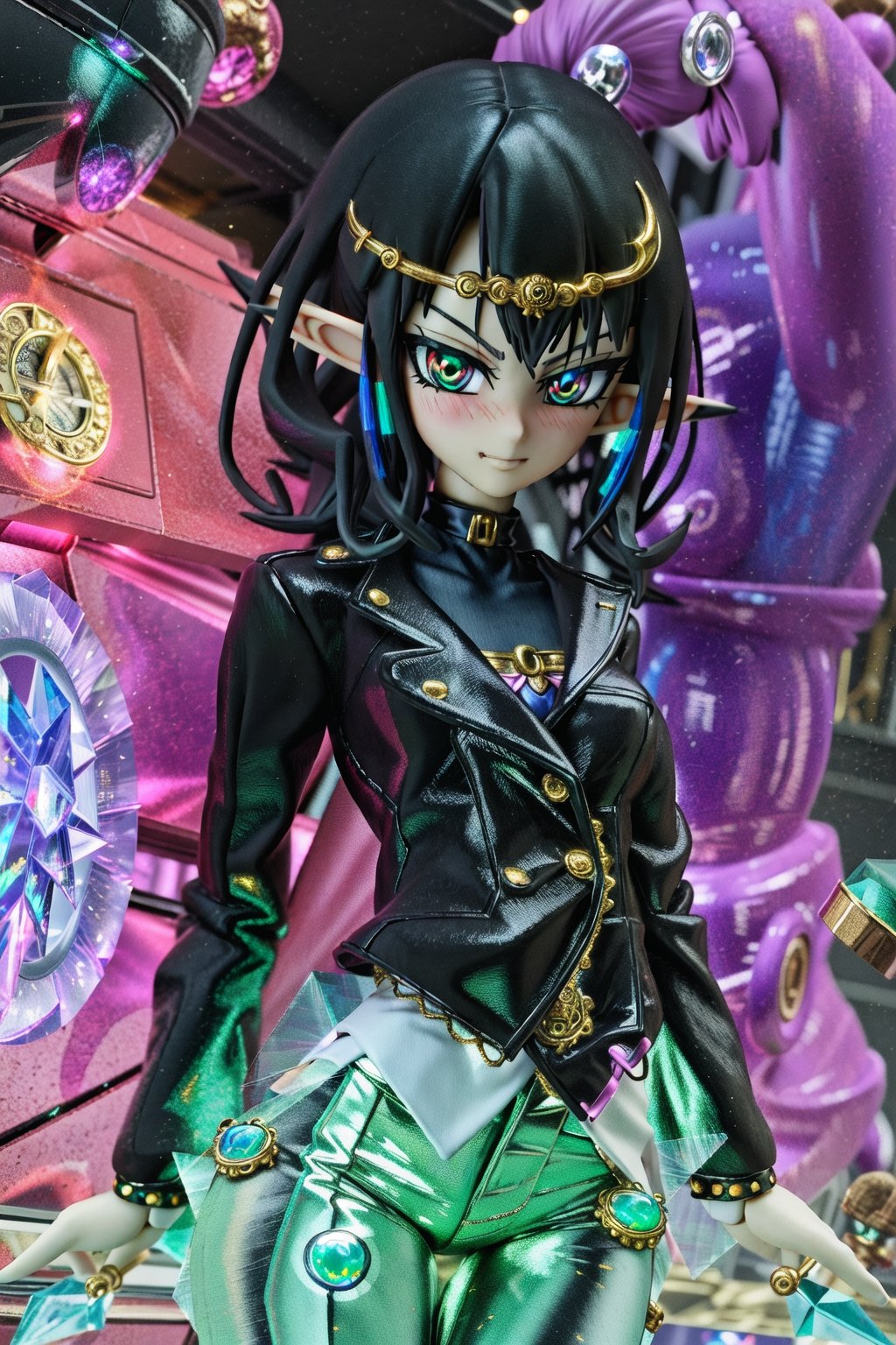 anime-doll age21,doll-joints,half-punk-hair,sly-opal-anime-eyes,smug,blushing,slender-body,elf-punk, holographic-image,gilded opal,source lighting,radial lighting,intricate, ornate, elegant,sunray-illumination,3D,Goth