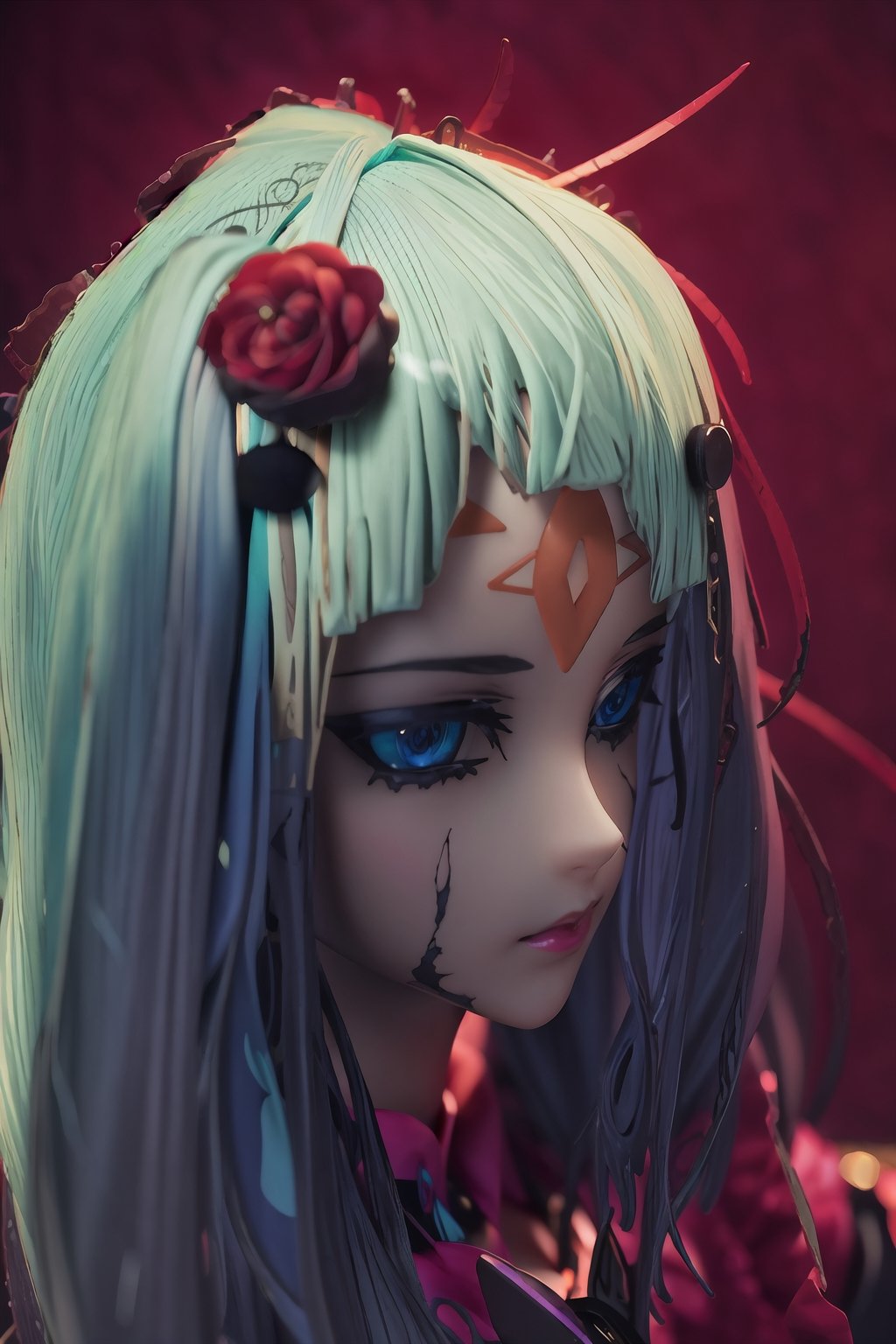 photography,anime doll,punk-hair,anime_saphire-eyes,slim-body,curvy hips,1wing black,tattered-torn-punk-clothing,pursed lips,real-doll-style, doll-joints,80's-style glamour-shot,realistic photograph, source lighting, rim lighting, radial lighting,color-boost,intricate, ornate, elegant and refined,glowing-blacklight-illumination,3D,Action Figure,Anime,Doll,Fashion,best quality,masterpiece