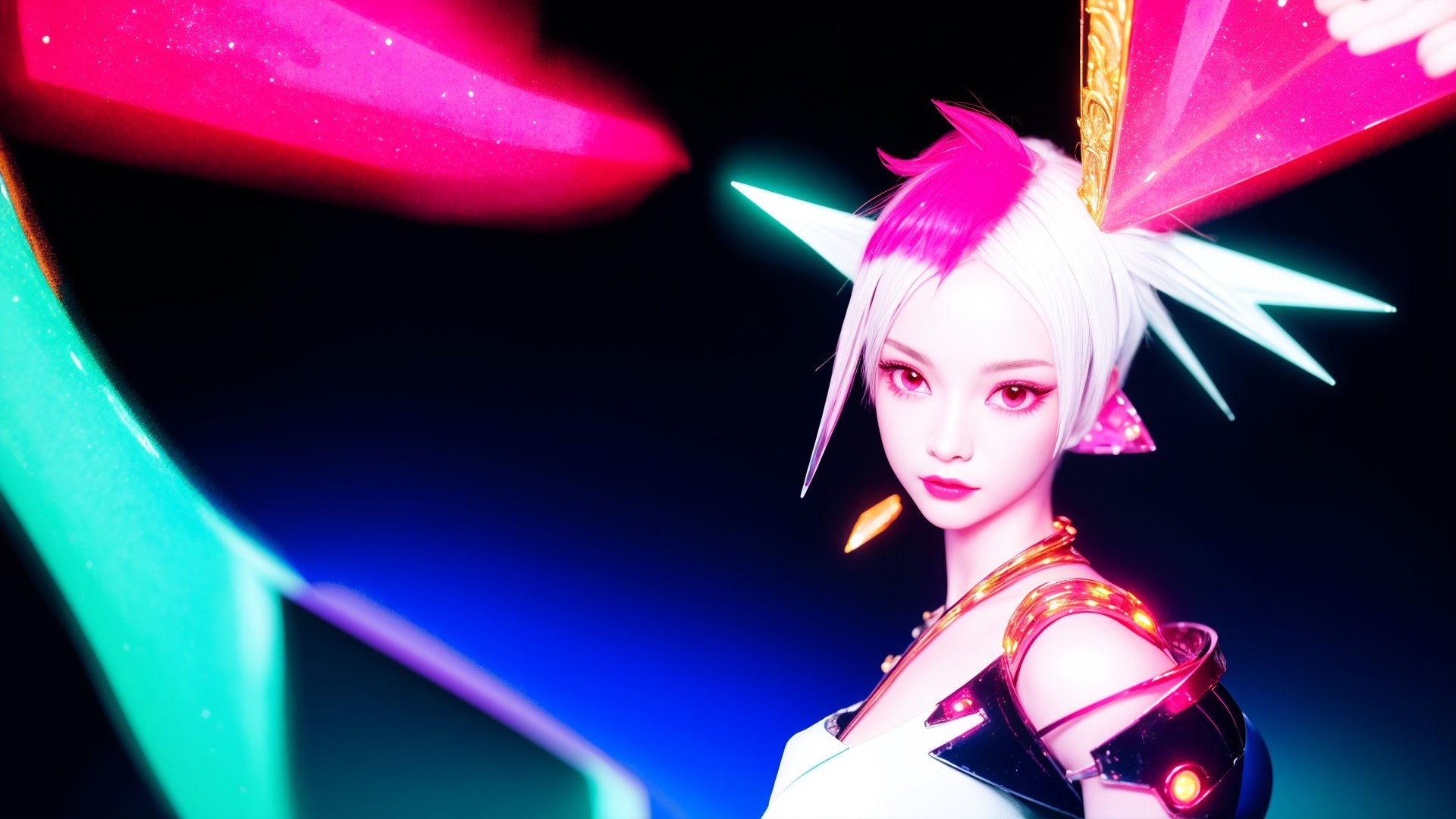 realistic photo,close-up,anime-girl,doll joints,half-shaved white-mohawk-hair,sly anime-eyes,smug,skinny-body,thick-hips,asymmetric torn acrylic-clothes,gilded opal shoulder-armor,source lighting,cyber-city background, rim lighting, radial lighting,intricate, ornate, elegant and refined,emerald and hot-pink glowing-illumination,3D,Goth,ASIAN BEAUTY