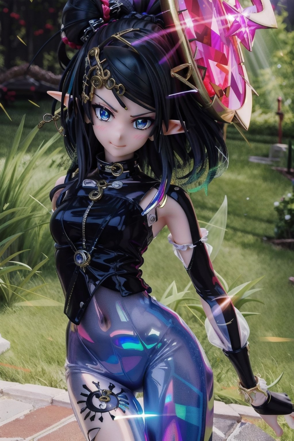 anime-doll age21,doll-joints,half-punk-hair,sly-opal-anime-eyes,smug,blushing,slender-body,elf-punk, holographic-image,gilded opal,source lighting,radial lighting,intricate, ornate, elegant,sunray-illumination,3D,Goth