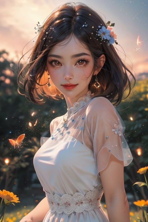 realistic, (masterpiece, best quality:1.2), beautiful and aesthetic, hires, bokeh, depth of field, HDR, godray,
1girl, flower field, Fuji mount, white dress,  cute smile, (brunette, brown eyes, medium hairs),firefliesfireflies,High detailed ,Color magic