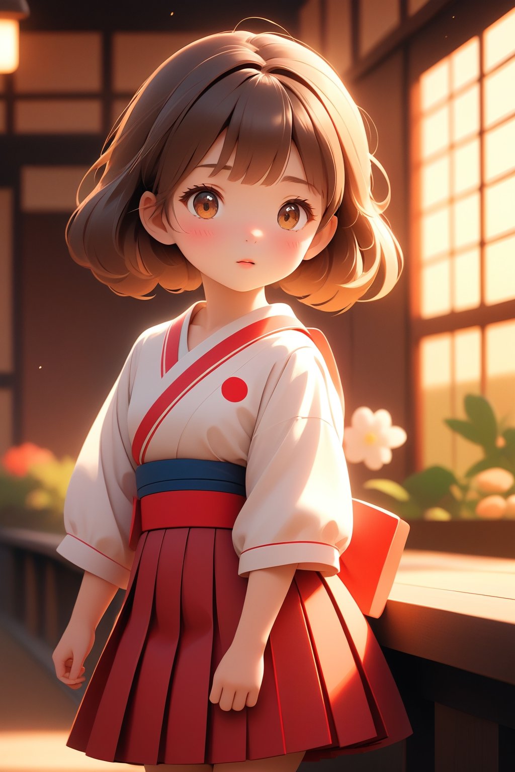 best quality, masterpiece, beautiful and aesthetic, vibrant color, Exquisite details and textures,  Warm tone, ultra realistic illustration,	(cute Japanese girl, 9year old:1.5), cute eyes, big eyes,	(a surprised look:1.3),	cinematic lighting, ambient lighting, sidelighting, cinematic shot,	siena natural ratio, children's body, anime style, head to toe,	dark brown bun hair,	school view, wearing a school_uniform with short_skirt, white shirt, red skirt,	ultra hd, realistic, vivid colors, highly detailed, UHD drawing, perfect composition, beautiful detailed intricate insanely detailed octane render trending on artstation, 8k artistic photography, photorealistic concept art, soft natural volumetric cinematic perfect light. 