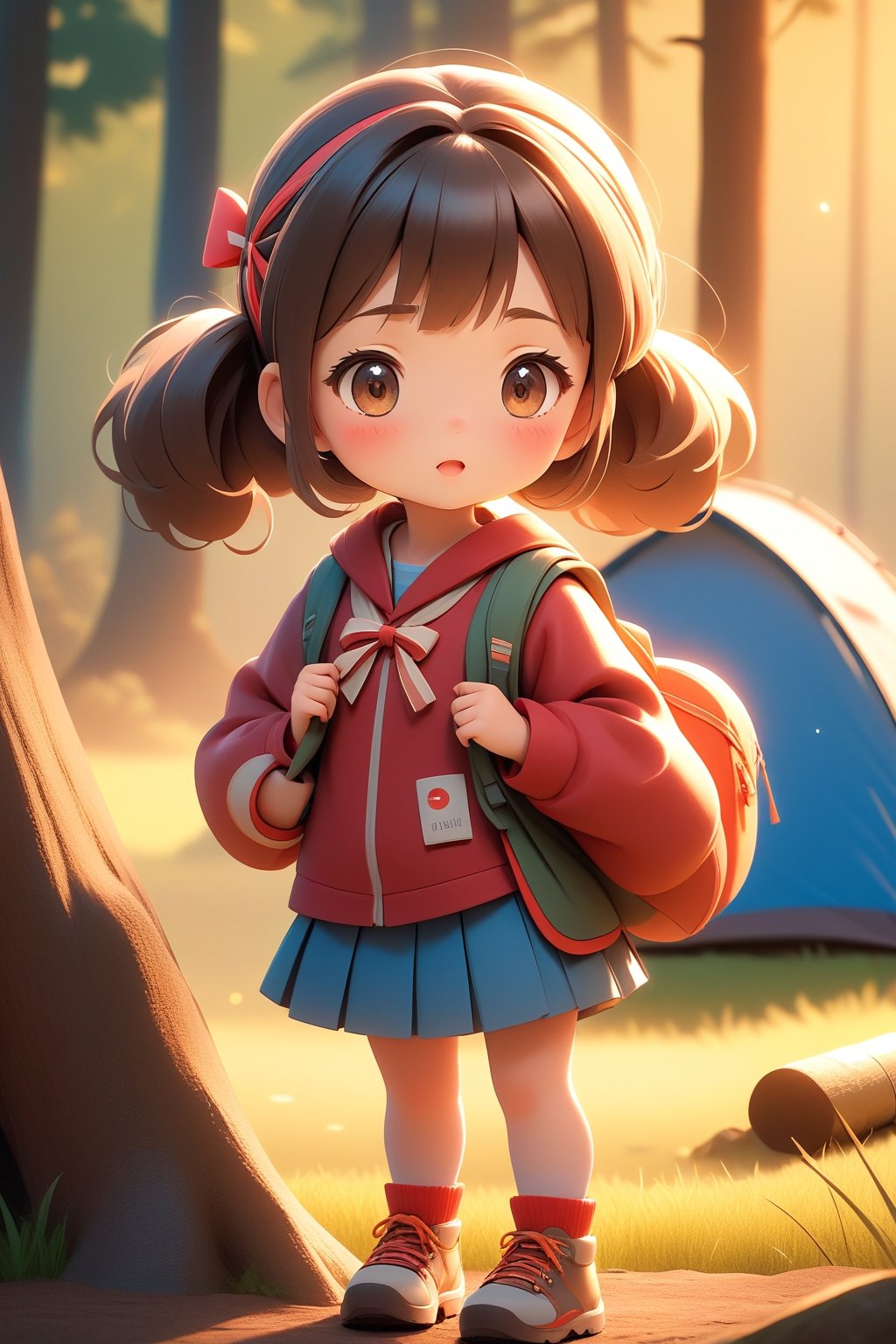 best quality, masterpiece, beautiful and aesthetic, vibrant color, Exquisite details and textures, Warm tone, ultra realistic illustration,	(cute Japanese girl, 9year old:1.5),	(Camping theme:1.4), camping with my dad,	cute eyes, big eyes,	(a surprised look:1.3),	cinematic lighting, ambient lighting, sidelighting, cinematic shot,	siena natural ratio, children's body, anime style, head to toe,	dark brown bun hair,	wearing a cheerleader uniform,	ultra hd, realistic, vivid colors, highly detailed, UHD drawing, perfect composition, beautiful detailed intricate insanely detailed octane render trending on artstation, 8k artistic photography, photorealistic concept art, soft natural volumetric cinematic perfect light. 