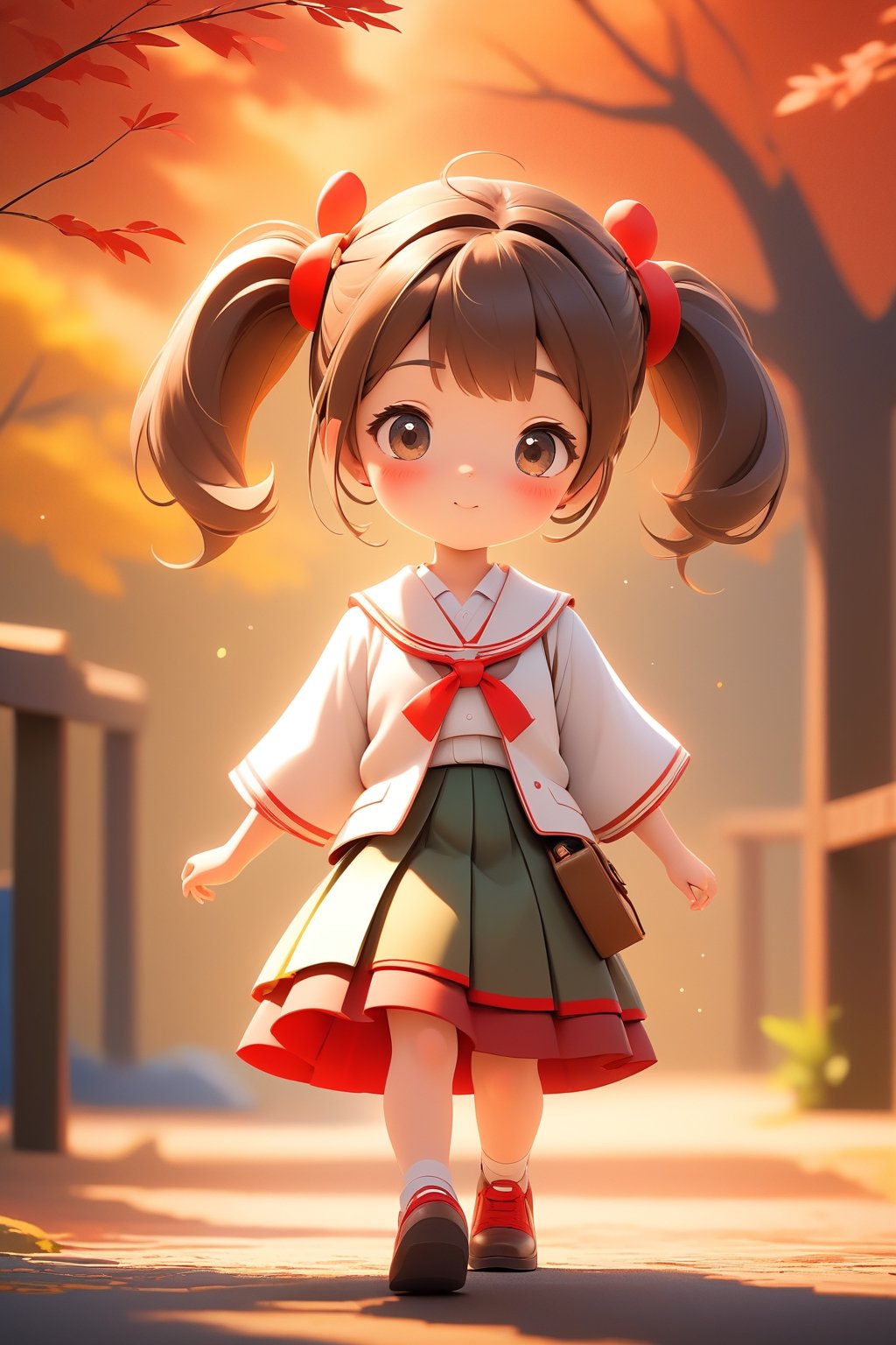 best quality, masterpiece, beautiful and aesthetic, vibrant color, Exquisite details and textures,  Warm tone, ultra realistic illustration,	(cute Japanese girl, 9year old:1.5),	(School theme:1.4), cute eyes, big eyes,	(a surprised look:1.3),	cinematic lighting, ambient lighting, sidelighting, cinematic shot,	siena natural ratio, children's body, anime style, 	head to toe,	dark brown bun hair,	wearing a school_uniform with short_skirt, white shirt, red skirt,	ultra hd, realistic, vivid colors, highly detailed, UHD drawing, perfect composition, beautiful detailed intricate insanely detailed octane render trending on artstation, 8k artistic photography, photorealistic concept art, soft natural volumetric cinematic perfect light. 