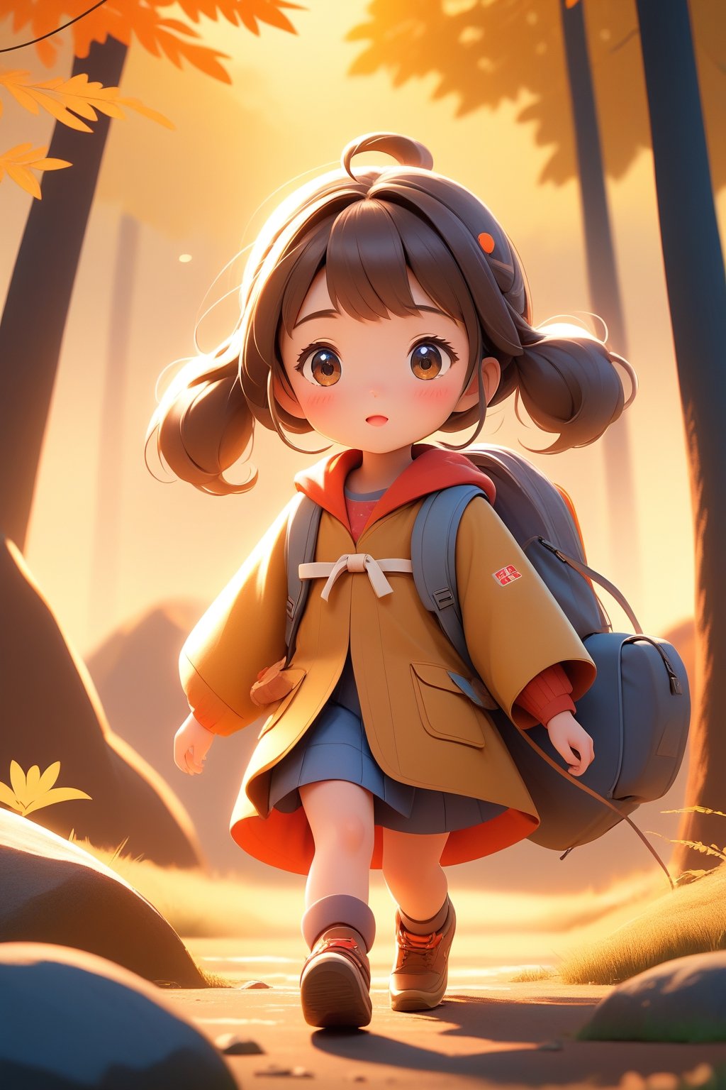 best quality, masterpiece, beautiful and aesthetic, vibrant color, Exquisite details and textures, Warm tone, ultra realistic illustration,	(cute Japanese girl, 9year old:1.5),	(Camping theme:1.4), wind blows, camping with my dad,	cute eyes, big eyes,	(a surprised look:1.3),	cinematic lighting, ambient lighting, sidelighting, cinematic shot,	siena natural ratio, children's body, anime style, head to toe,	dark brown bun hair,	ultra hd, realistic, vivid colors, highly detailed, UHD drawing, perfect composition, beautiful detailed intricate insanely detailed octane render trending on artstation, 8k artistic photography, photorealistic concept art, soft natural volumetric cinematic perfect light. 