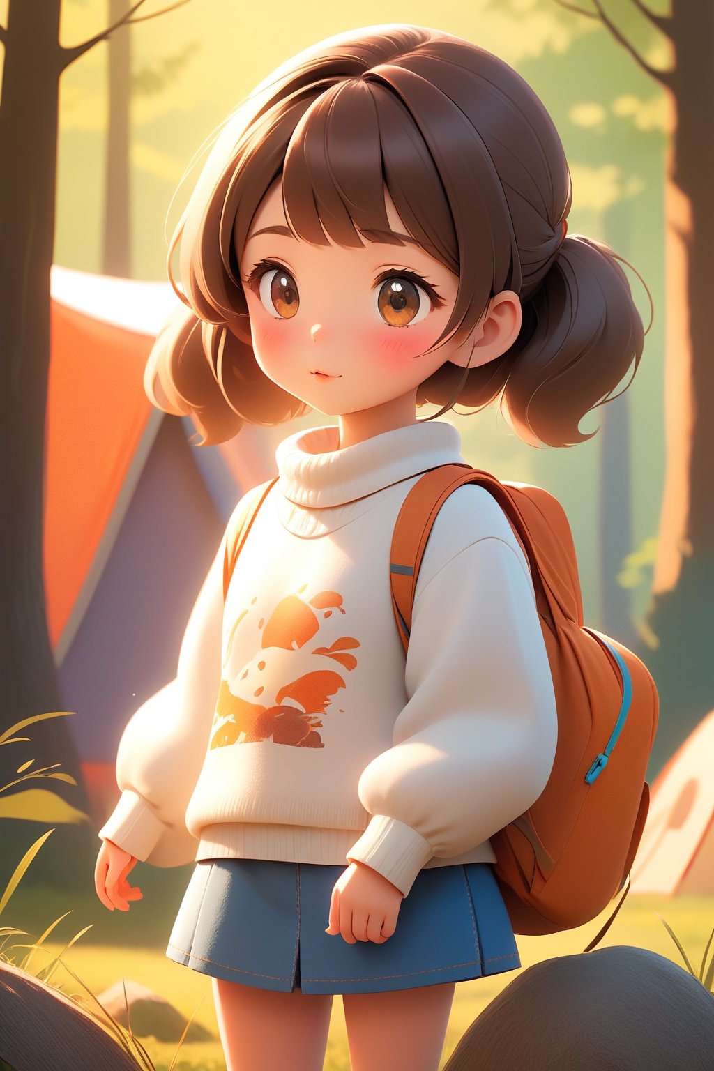 best quality, masterpiece, beautiful and aesthetic, vibrant color, Exquisite details and textures,  Warm tone, ultra realistic illustration,	(cute Japanese girl, 9year old:1.5),	(Camping theme:1.4), camping with my dad,	cute eyes, big eyes,	(a surprised look:1.3),	cinematic lighting, ambient lighting, sidelighting, cinematic shot,	siena natural ratio, children's body, anime style, 	head to toe,	dark brown bun hair,	wearing a white highneck long_sleeve knit sweater and jeans, 	ultra hd, realistic, vivid colors, highly detailed, UHD drawing, perfect composition, beautiful detailed intricate insanely detailed octane render trending on artstation, 8k artistic photography, photorealistic concept art, soft natural volumetric cinematic perfect light. 