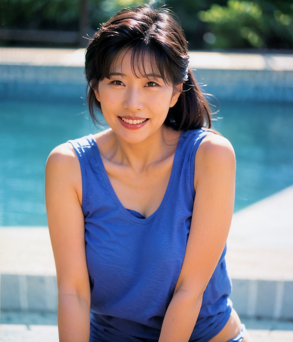 Best quality, raw photo, photorealism, UHD, lifelike rendering),Japanese woman,Japanese mature woman,looking at viewer,milf,30yo,at pool,
 (bow legs:1.2),curvy,grin,himiko,upper body,(portrait:1.2),fit shirt,sleeveless shirt,shojimiyuki