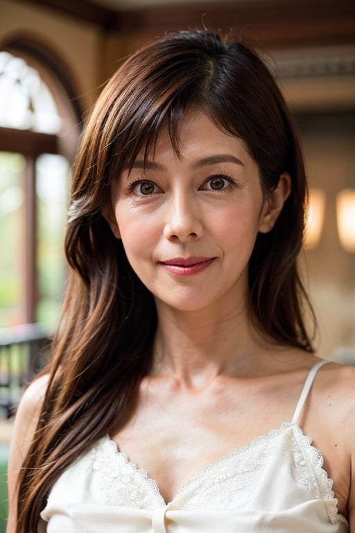 40 yo milf, Best quality, raw photo, photorealism, UHD, lifelike rendering, (upper body portrait:1.2), Photo of stunningly Beautiful japanese milf, stunning, medium dark brown hair, natural  medium-large breasts, curvy figure, long-legged, pale skin, skin pores, daily outfit, white ornate embroidered tulle-chiffon dripped loose dress, sharp focus, smile, gaze at viewer, from below, closed to up, thighs focus, detailed eyes, exquisite facial, detailed real skin texture, detailed fabric rendering, daylight, ray tracing ,sawaguchiyasuko