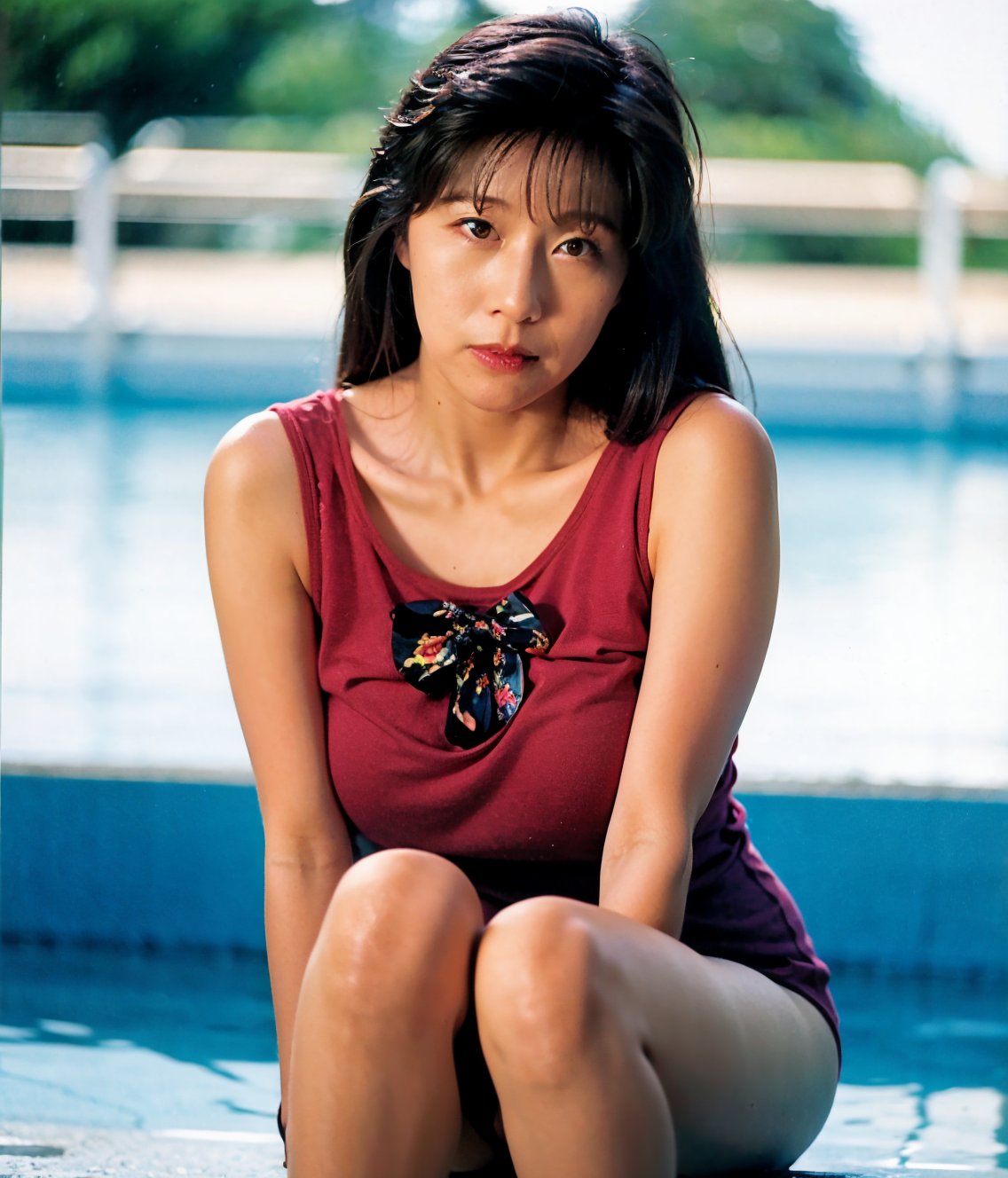 Best quality, raw photo, photorealism, UHD, lifelike rendering),Japanese woman,Japanese mature woman,looking at viewer,milf,30yo,at pool,
 (bow legs:1.2),curvy,shy,himiko,upper body,(portrait:1.2),fit shirt,sleeveless shirt,shojimiyuki