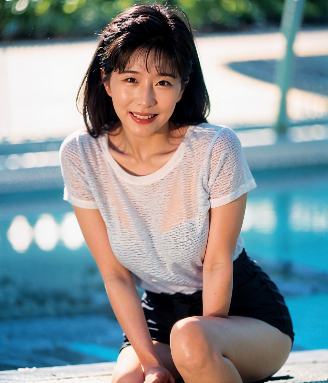 Best quality, raw photo, photorealism, UHD, lifelike rendering),Japanese woman,Japanese mature woman,looking at viewer,milf,30yo,at pool,
 (bow legs:1.2),curvy,grin,himiko,upper body,(portrait:1.2),fit shirt,sleevless shirt,shojimiyuki