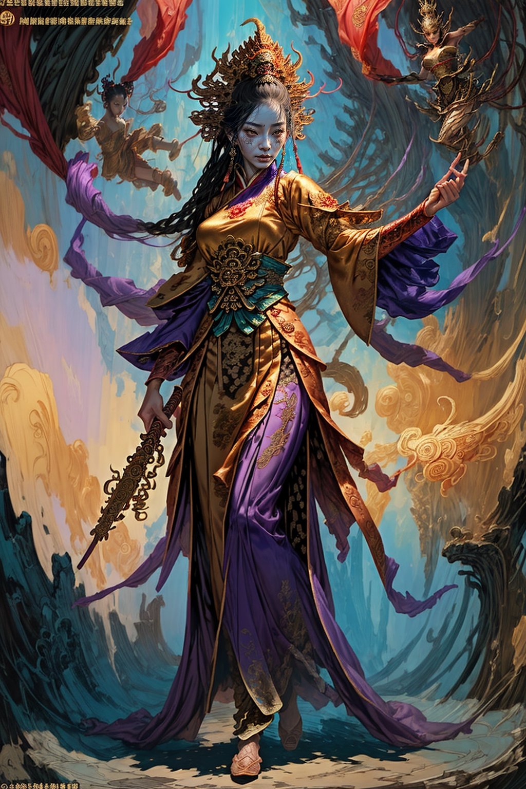 Full body shot of a character standing in majestic pose, realistic representation of a fantasy chinese empress with the most sumptuous wedding hanfu dress made of purple silk and richly embroidered with gold and silver threads, intricately carved golden badges and tassels. Art by Yoshitaka Amano, Huang Guangjian, Zhong Fenghua, stunning interpretive visual, gothic regal, colorful, realistic eyes, dreamy magical atmosphere, (film grain), (warm hue, warm tone), cinematic light, side lightings,zhongfenghua,gu,weapon,Makeup,alluring_lolita_girl