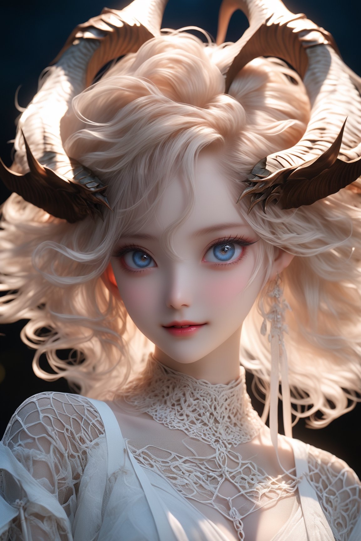 1 girl, (masterful),Full body view , Half body,  albino demon girl,((slit pupil eyes)),mesh fishnet blouse, (long intricate horns:1.2) ,alabaster skin, A benevolent smile, girl has Beautiful deep blue eyes, soft expression, Depth and Dimension in the Pupils,bondage harness, beautiful Korean 20yo girl, idol face, gorgeous girl, {beautiful and detailed eyes}, {normal limbs and fingers}, ((accurate hands without incongruity)), The face of a young actress in korea, high details, High quality, beauty face, perfect face, beautiful accurate face (eyes, nose and mouth), big_breasts, Detailed face, Detailed eyes, perfect foot, perfect hand, perfect fingers, Clean facial skin, slim and perfect body, film grain, realhands, looking at viewer, best quality, highest quality, extremely detailed CG unity 8k wallpaper, detailed and intricate, 