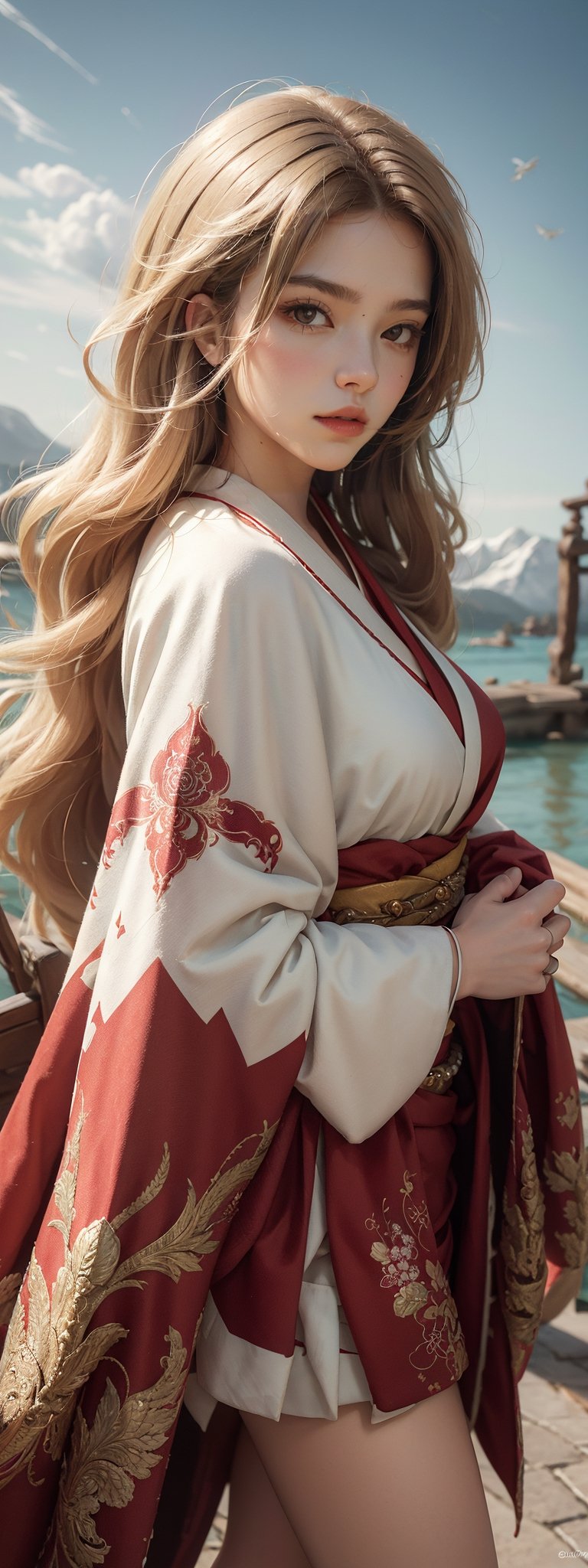 A girl with long blonde hair, wearing a fancy ornate red and white dress that combines a kimono and a fur cape, miniskirt, (scenery). intricate details, extremely detailed, incredible details, full colored, complex details, hyper maximalist, detailed decoration, detailed lines. masterpiece, best quality, HDR, UHD,Detailedface, beautiful girl