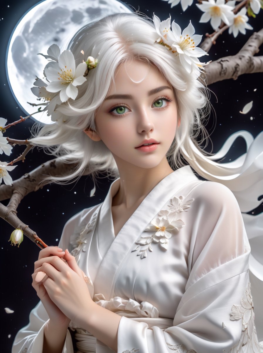 art style, intricate Portrait of  beautiful Japanese girl ,siting on tree, paying flute with white flowy hair wearing a treditonal white , white dress with a silk vibrant white color, hyperdetailed face, hyperdetailed eyes, sharp focus on eyes, 8k UHD, work of beauty and inspiration, flowercore, wide angle  ,alberto seveso style ,A white  flower petals flying with the wind ,large full-moon background ,  glowing fractal art elements  hazel eyes,Anime ,photo r3al