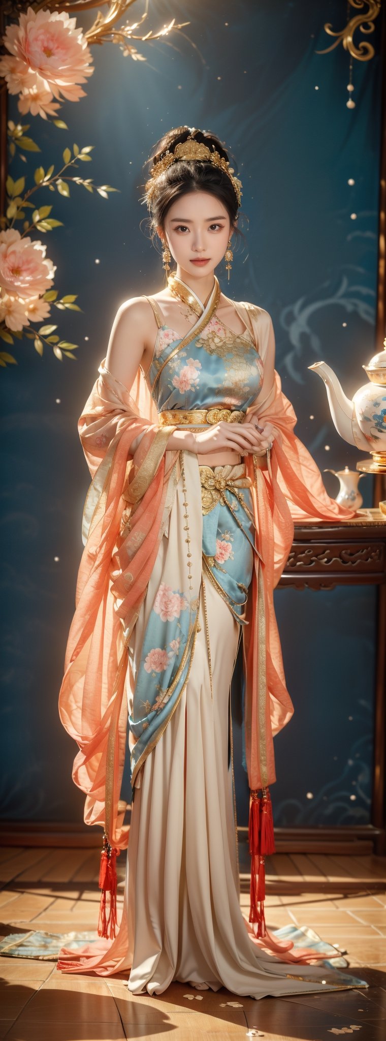 Ceramic material, beige gold tone, a 23-year-old Chinese beauty with an elegant and leisurely face, standing near a gorgeous single baroque sofa with a blue background and gold edges. Her outfit is predominantly white with navy blue trim and detailed with a detailed peony pattern. Her perfect long legs were exposed, and there was a blue and white porcelain teapot and teacup on the table next to the chair, indicating that this was a tea party. The floor beneath her feet was strewn with pearls and red beads. Directly behind the background is a gold-framed Chinese painting, and ornate interior decoration surrounds the central figure, adding to the luxurious feel of the scene.